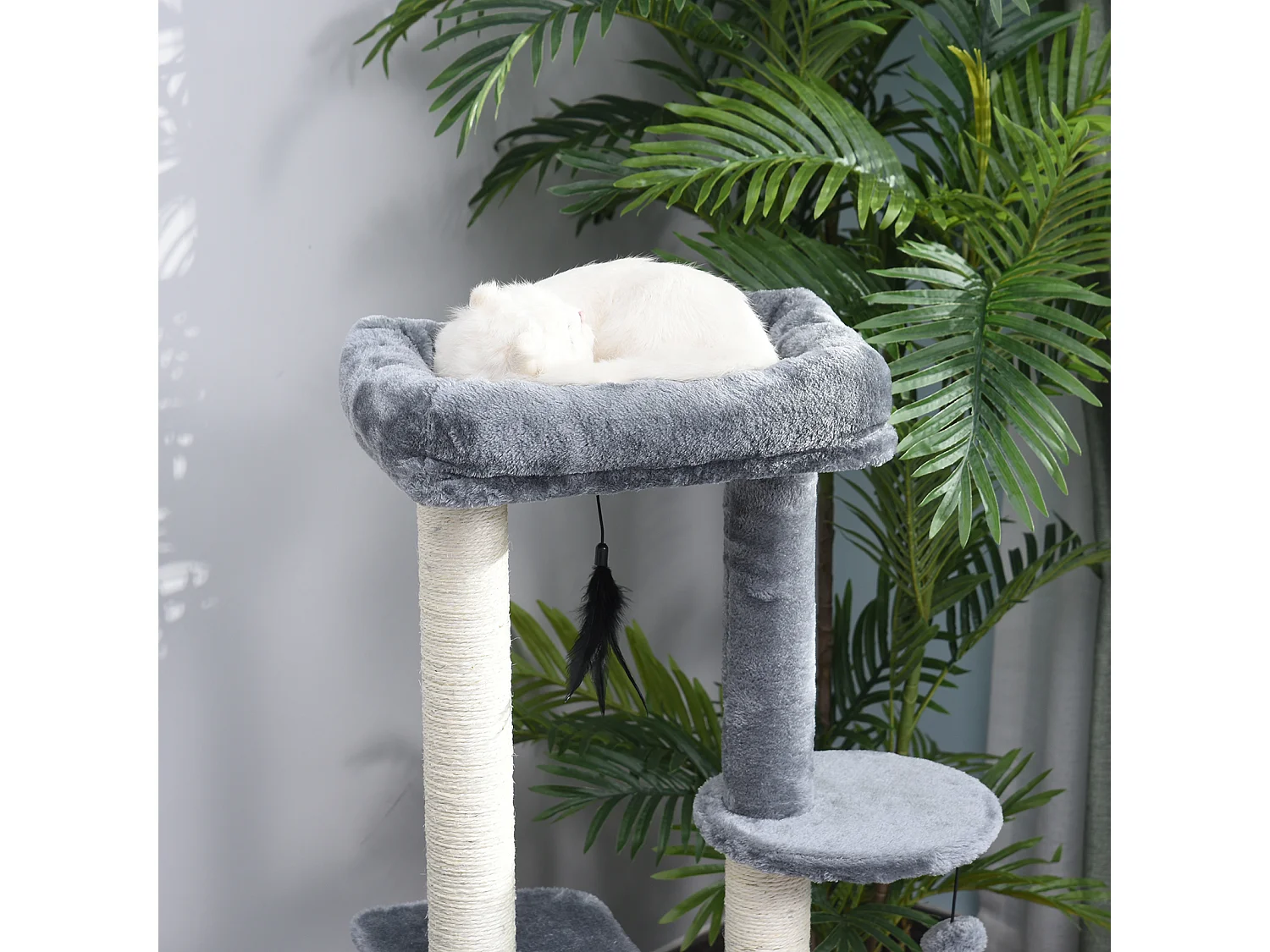 Albero tiragraffi per gatti adulti su più livelli con cuccia posatoio e 2 ripiani bianco e grigio 48x35x100cm