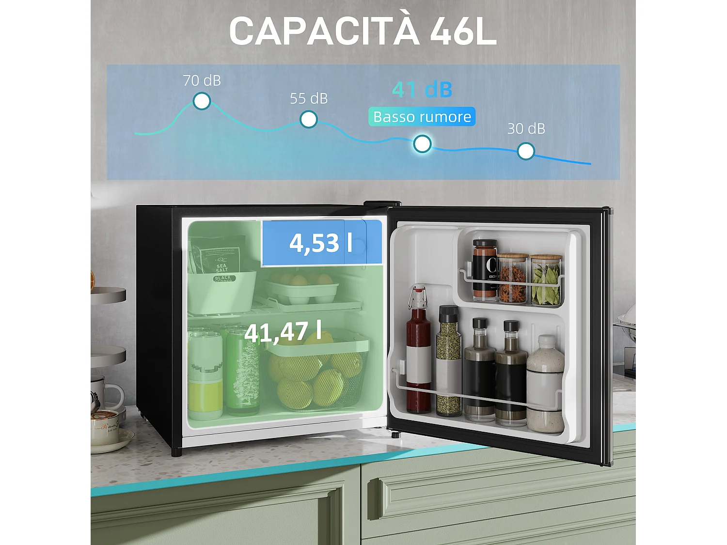 Mini Frigo 46L con Freezer, Porta Reversibile, Temperatura Regolabile
