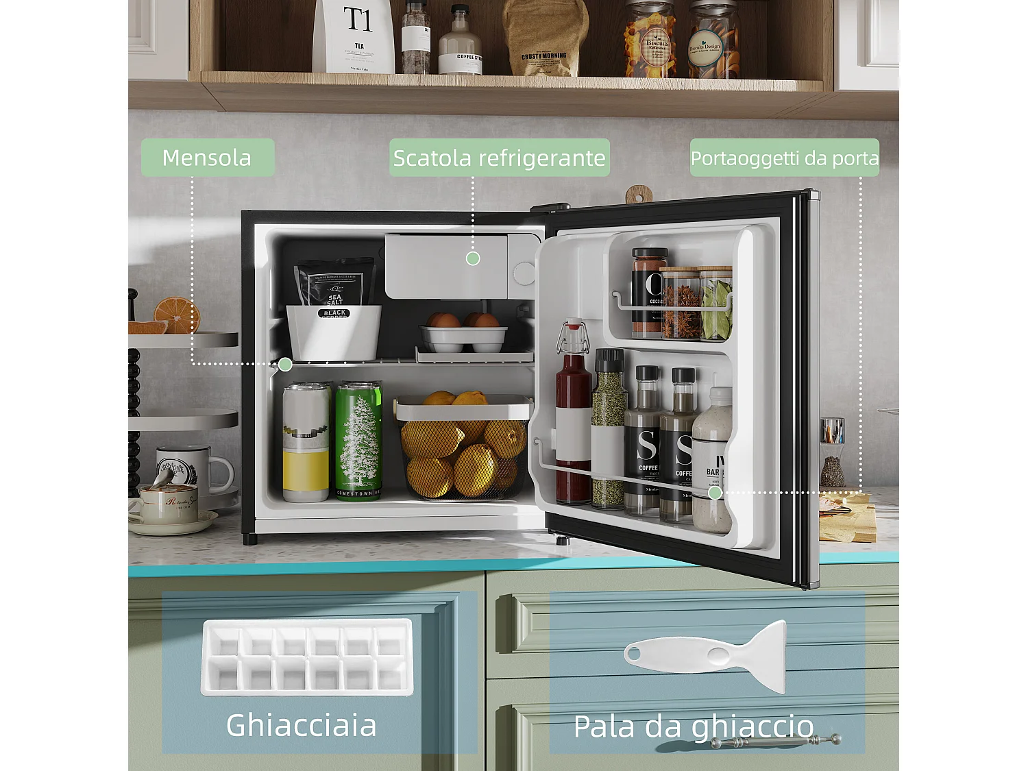 Mini Frigo 46L con Freezer, Porta Reversibile, Temperatura Regolabile