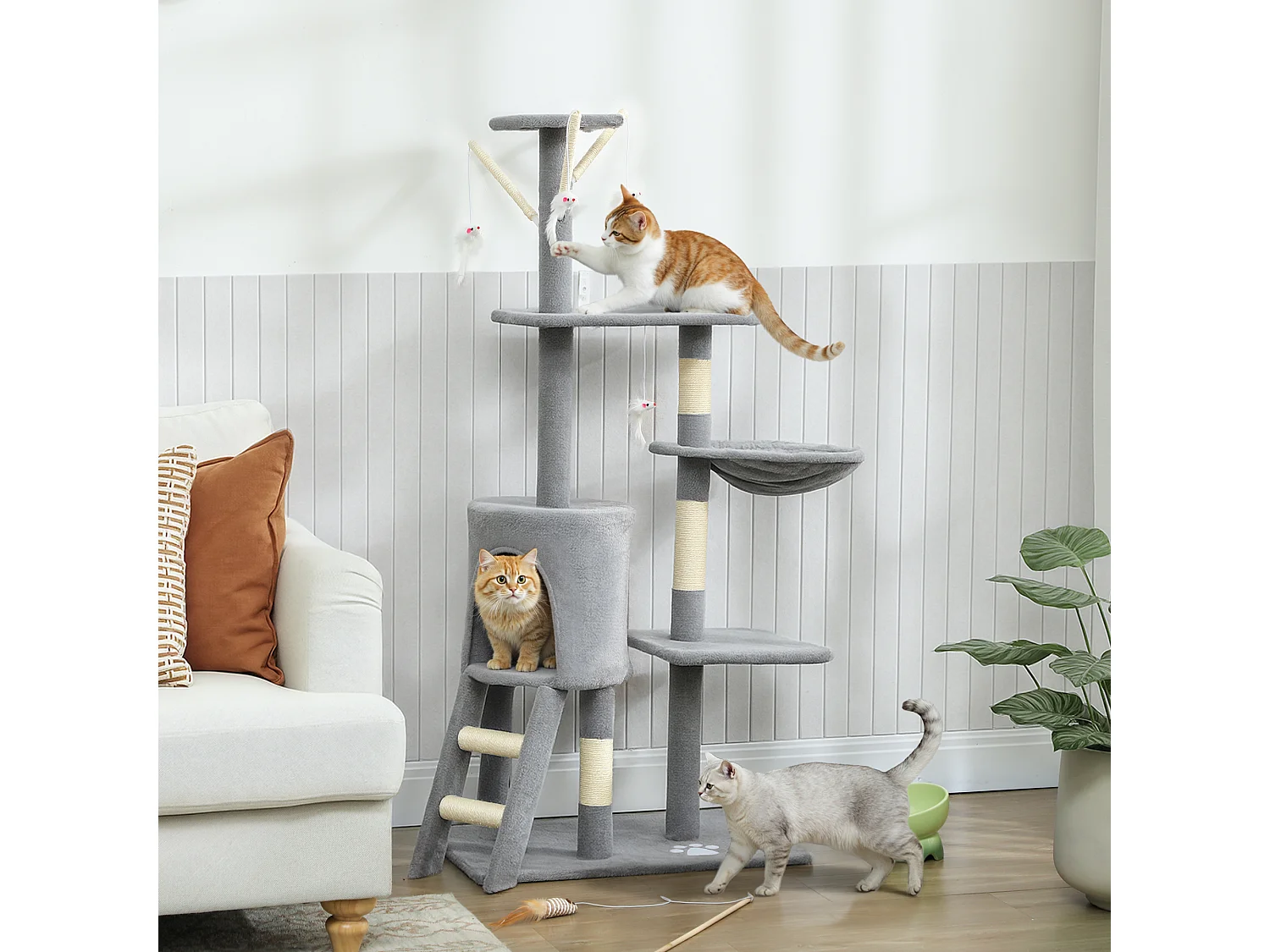 Torre per gatti con casetta, trespolo e 4 topolini 60x35x134 cm grigio