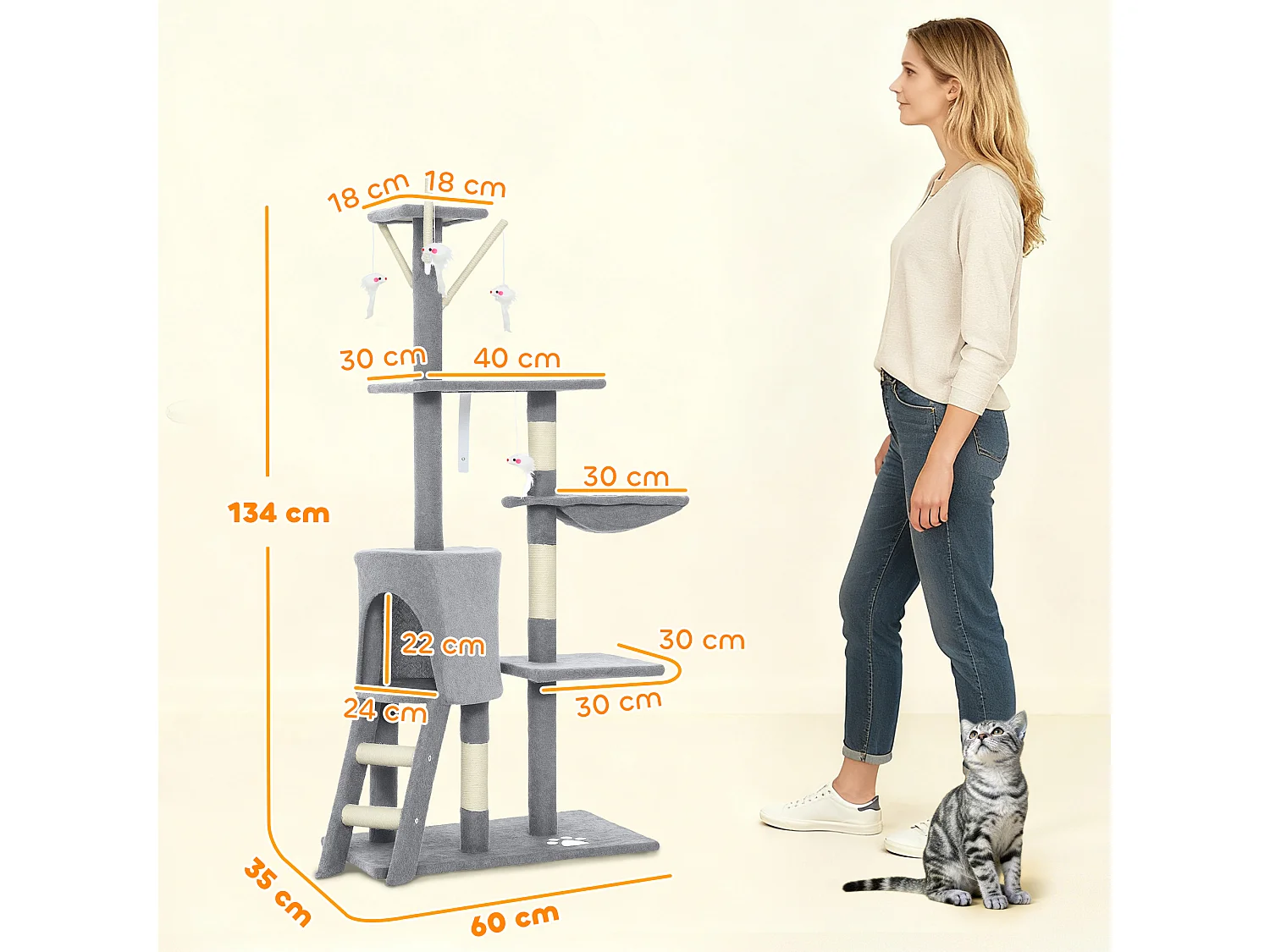 Torre per gatti con casetta, trespolo e 4 topolini 60x35x134 cm grigio
