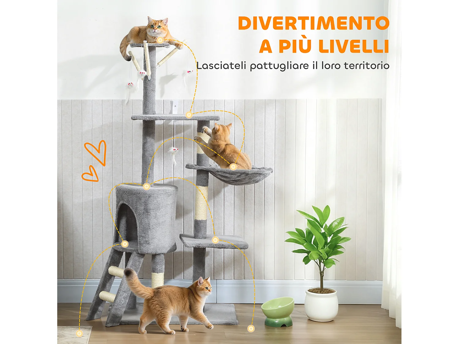 Torre per gatti con casetta, trespolo e 4 topolini 60x35x134 cm grigio