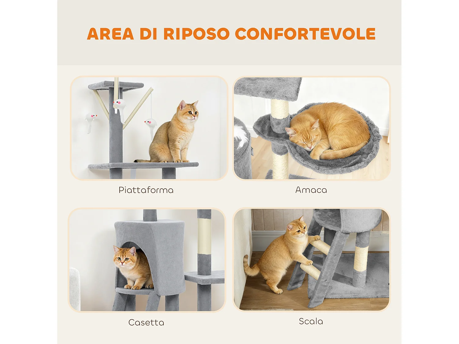 Torre per gatti con casetta, trespolo e 4 topolini 60x35x134 cm grigio