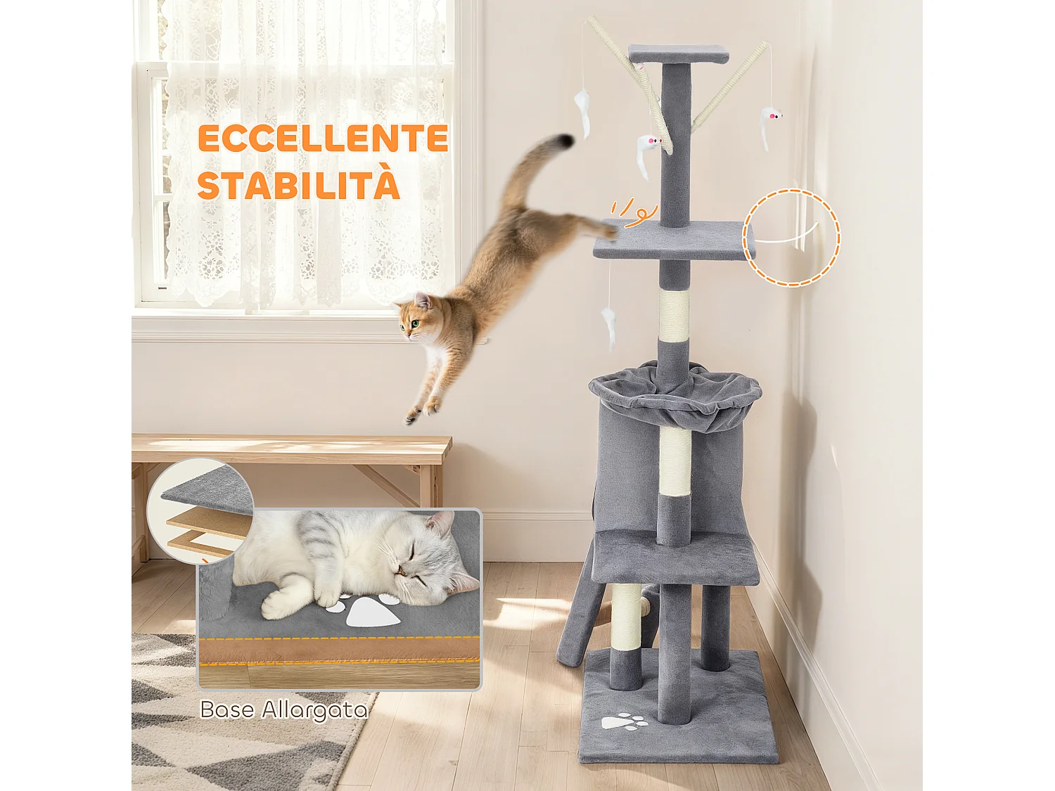 Torre per gatti con casetta, trespolo e 4 topolini 60x35x134 cm grigio