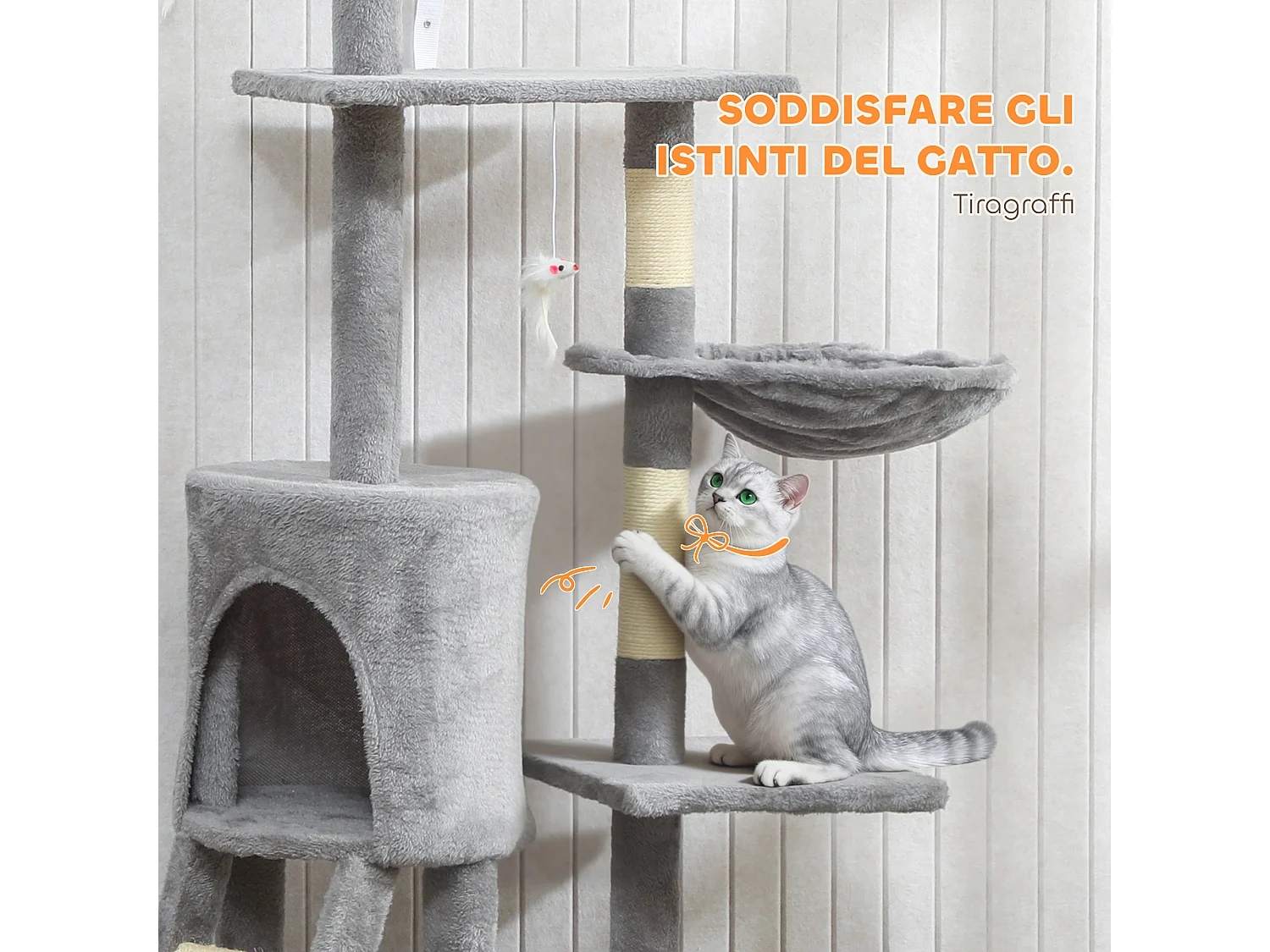 Torre per gatti con casetta, trespolo e 4 topolini 60x35x134 cm grigio
