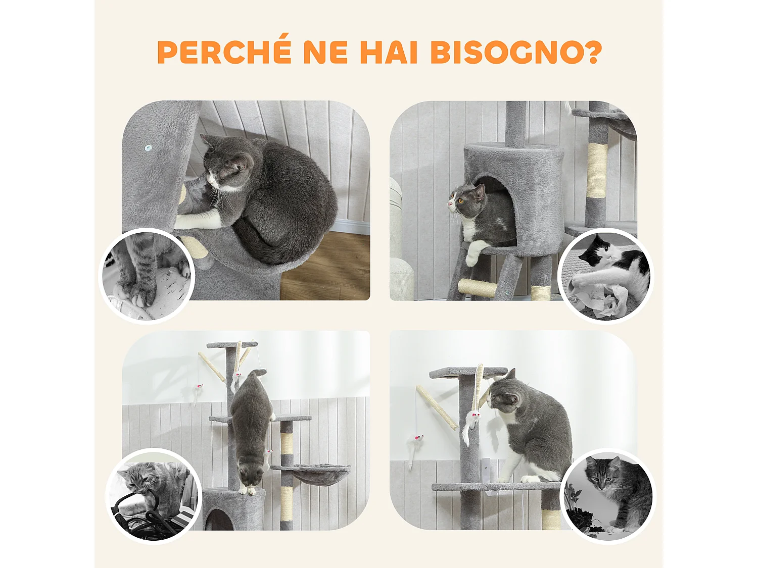 Torre per gatti con casetta, trespolo e 4 topolini 60x35x134 cm grigio