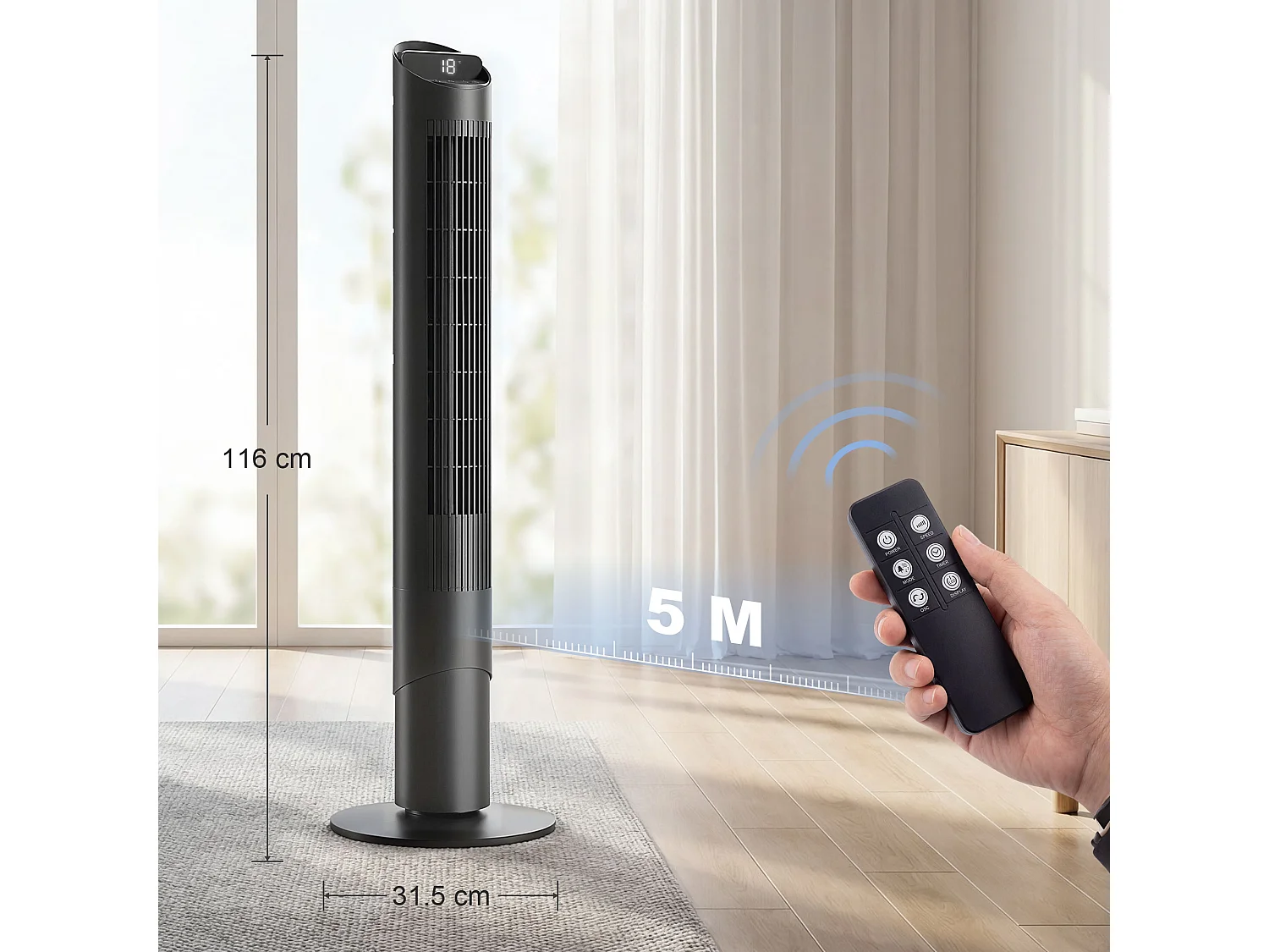 Ventilatore a Torre Oscillante con App WiFi, 116 cm, Nero