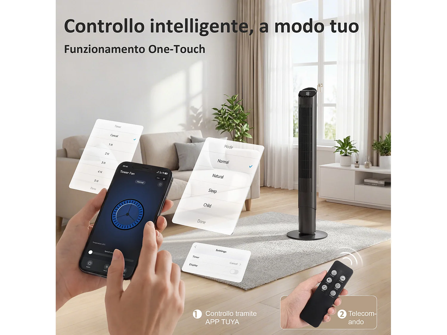 Ventilatore a Torre Oscillante con App WiFi, 116 cm, Nero