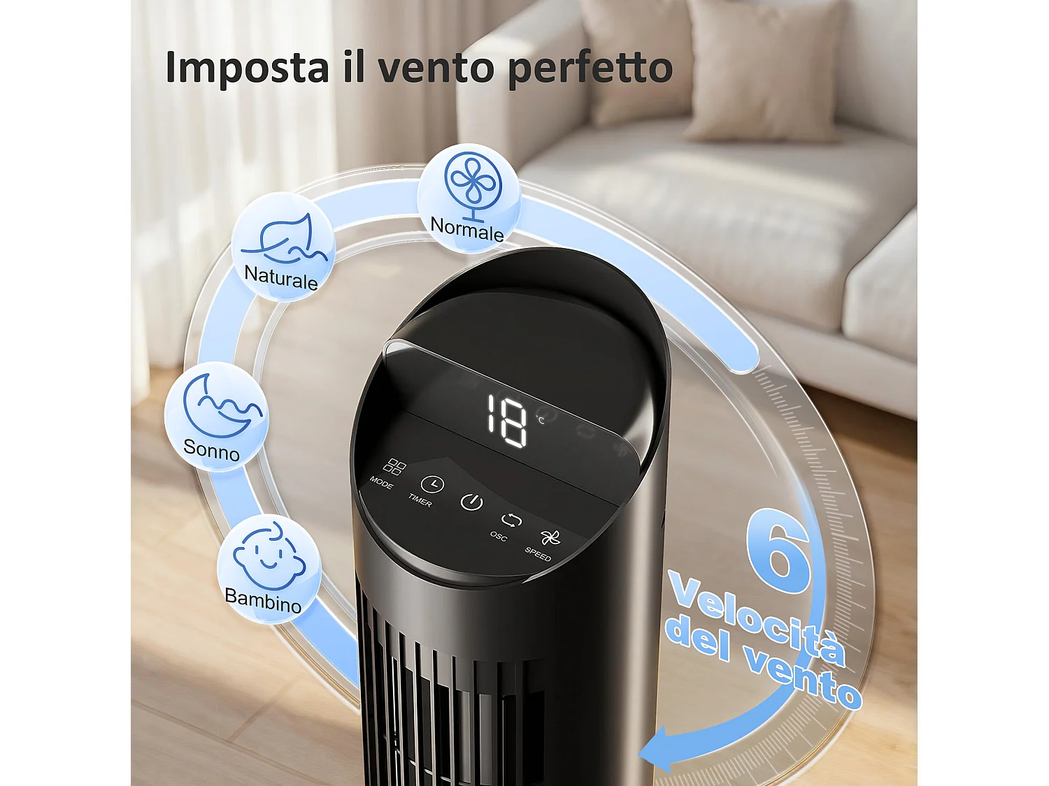 Ventilatore a Torre Oscillante con App WiFi, 116 cm, Nero