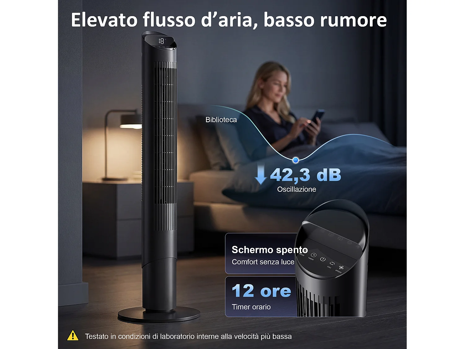 Ventilatore a Torre Oscillante con App WiFi, 116 cm, Nero