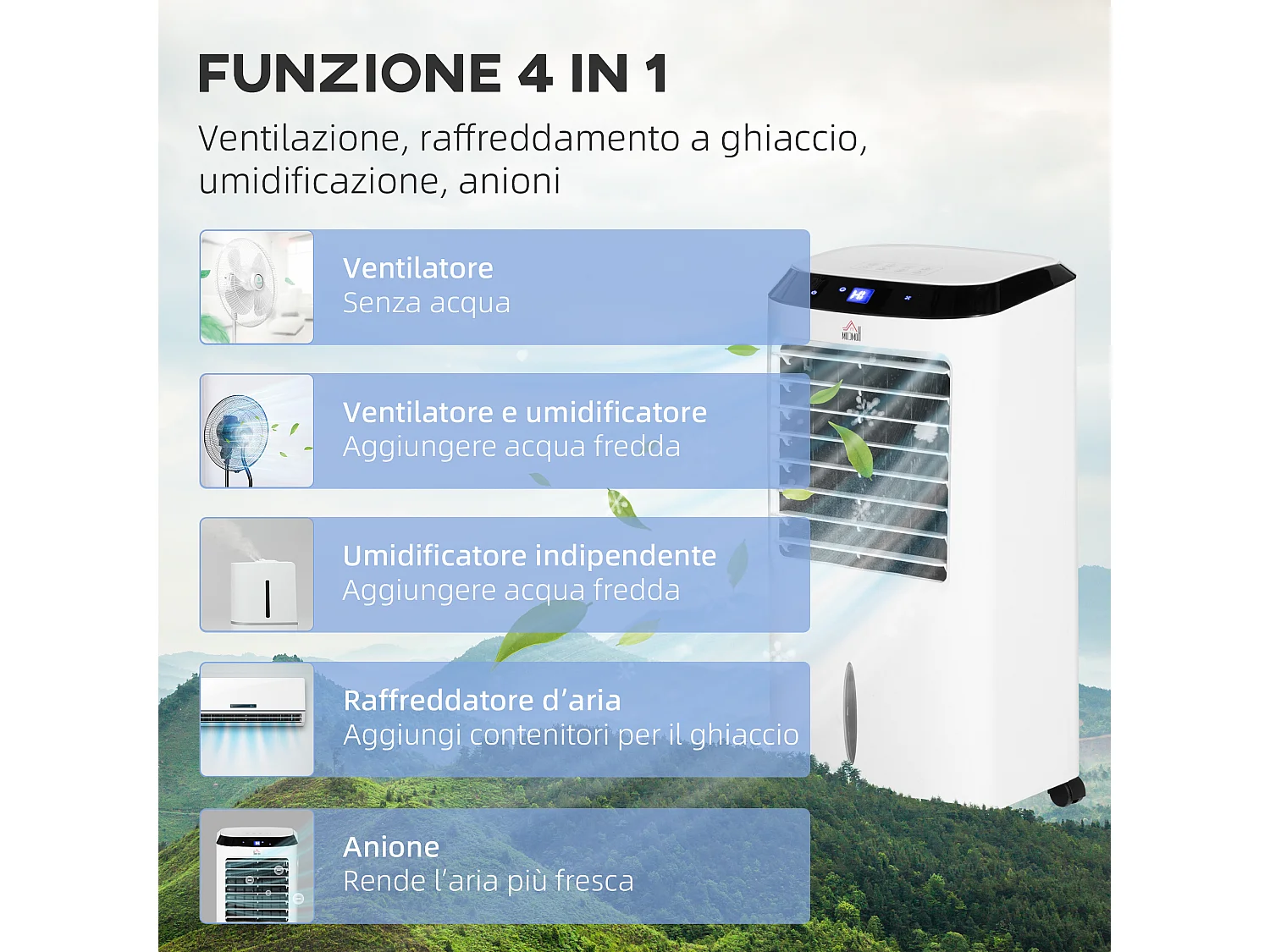 Raffrescatore Evaporativo 4 in 1 con 9 Modalità, Telecomando, Timer, Nero