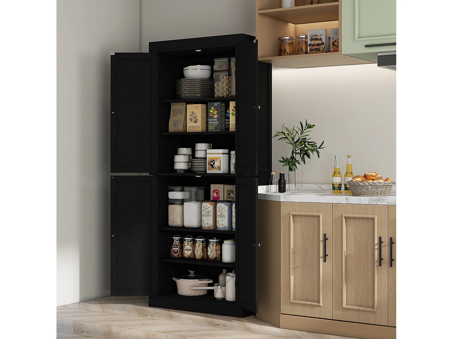 Mobile dispensa da cucina con 6 ripiani e 4 ante 76x40.5x184cm nero