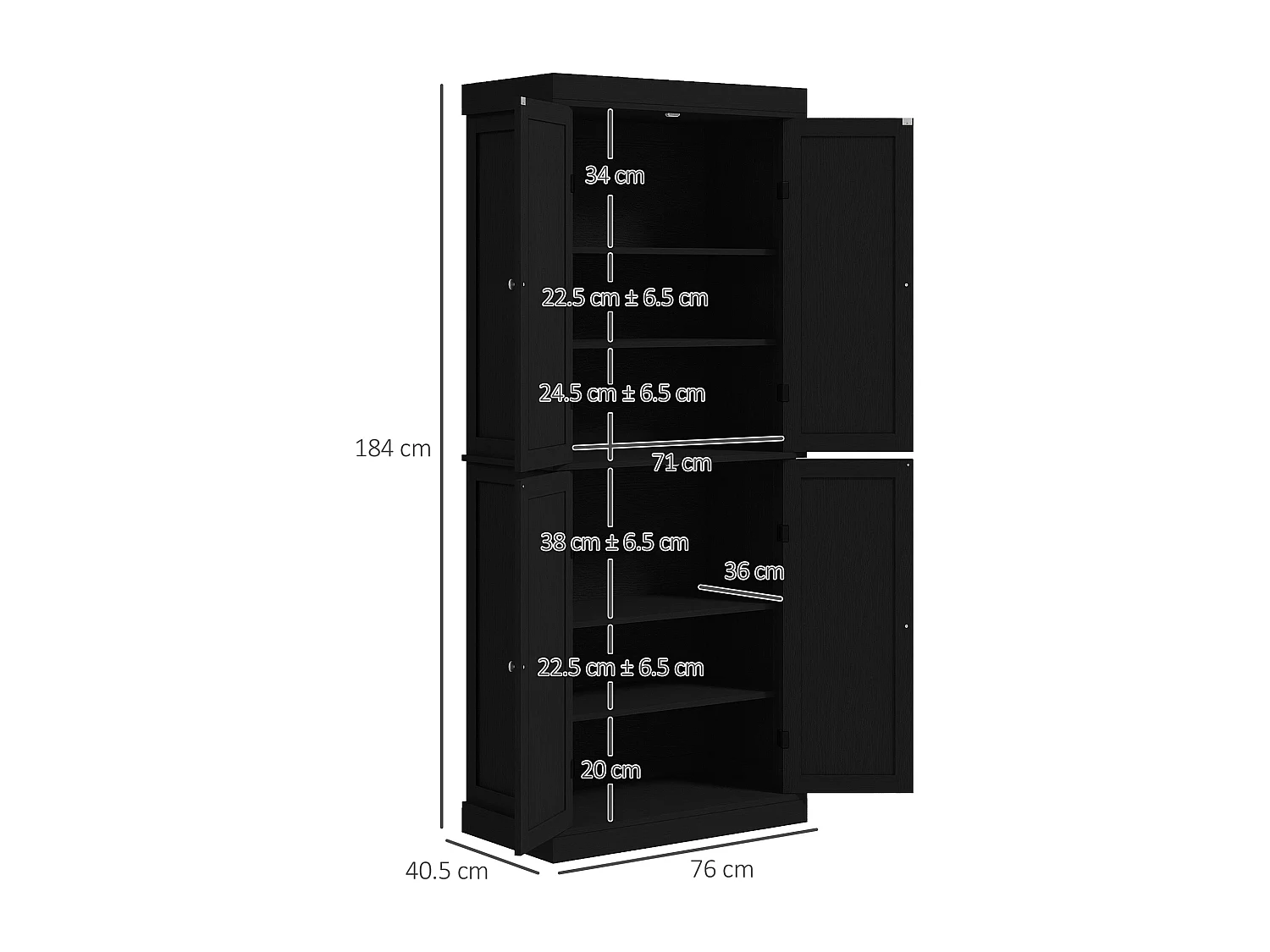 Mobile dispensa da cucina con 6 ripiani e 4 ante 76x40.5x184cm nero