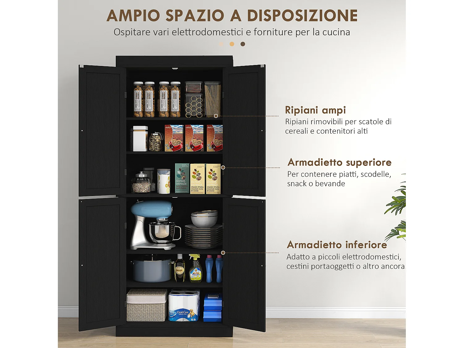 Mobile dispensa da cucina con 6 ripiani e 4 ante 76x40.5x184cm nero