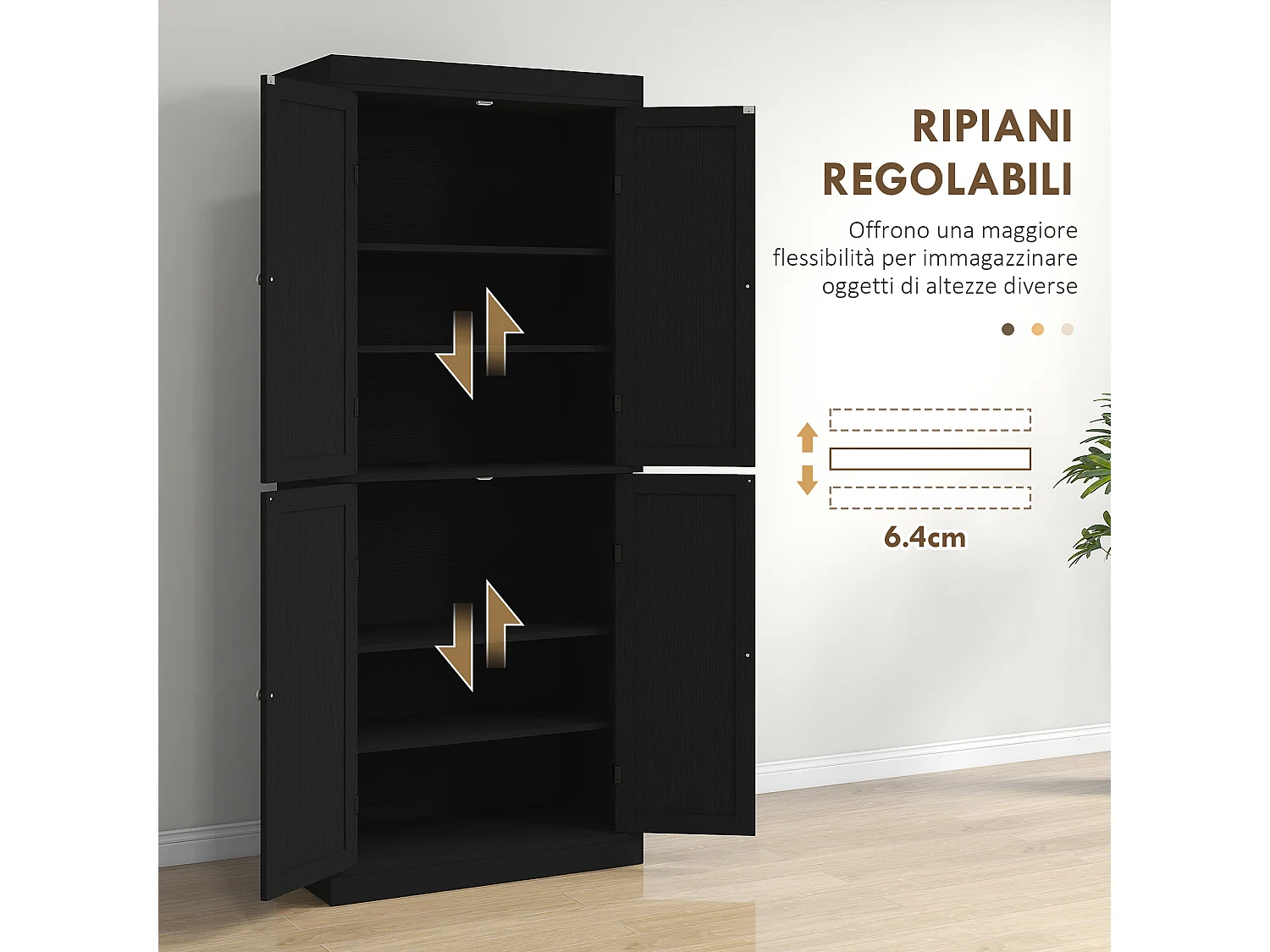 Mobile dispensa da cucina con 6 ripiani e 4 ante 76x40.5x184cm nero