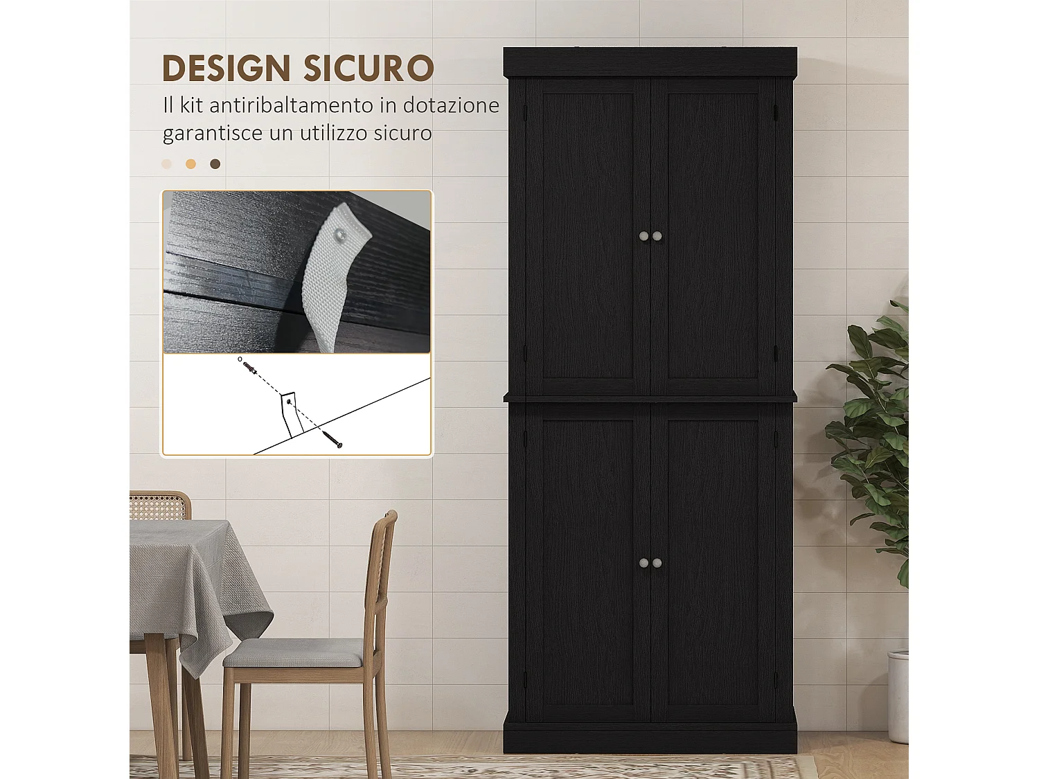 Mobile dispensa da cucina con 6 ripiani e 4 ante 76x40.5x184cm nero