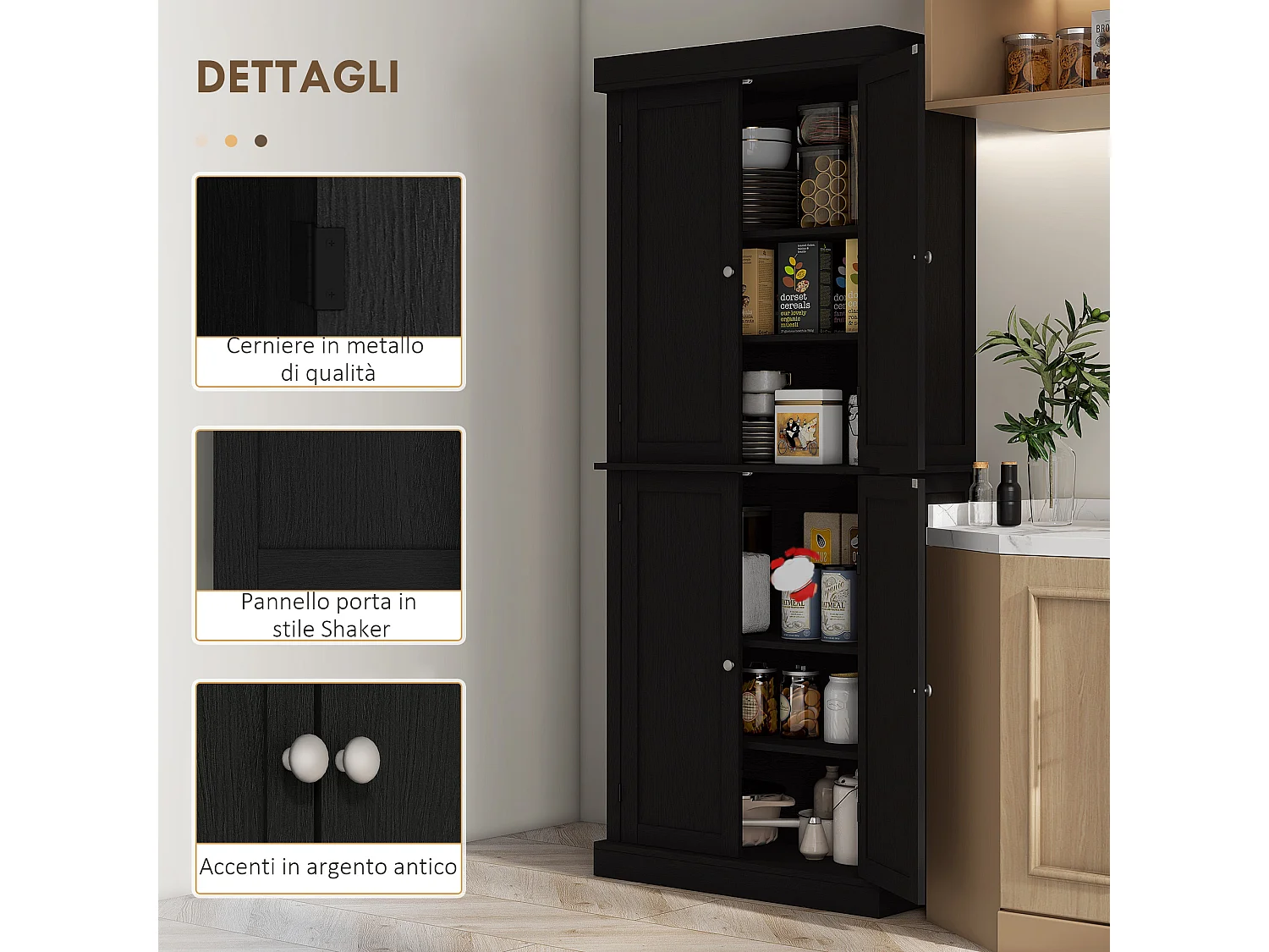Mobile dispensa da cucina con 6 ripiani e 4 ante 76x40.5x184cm nero