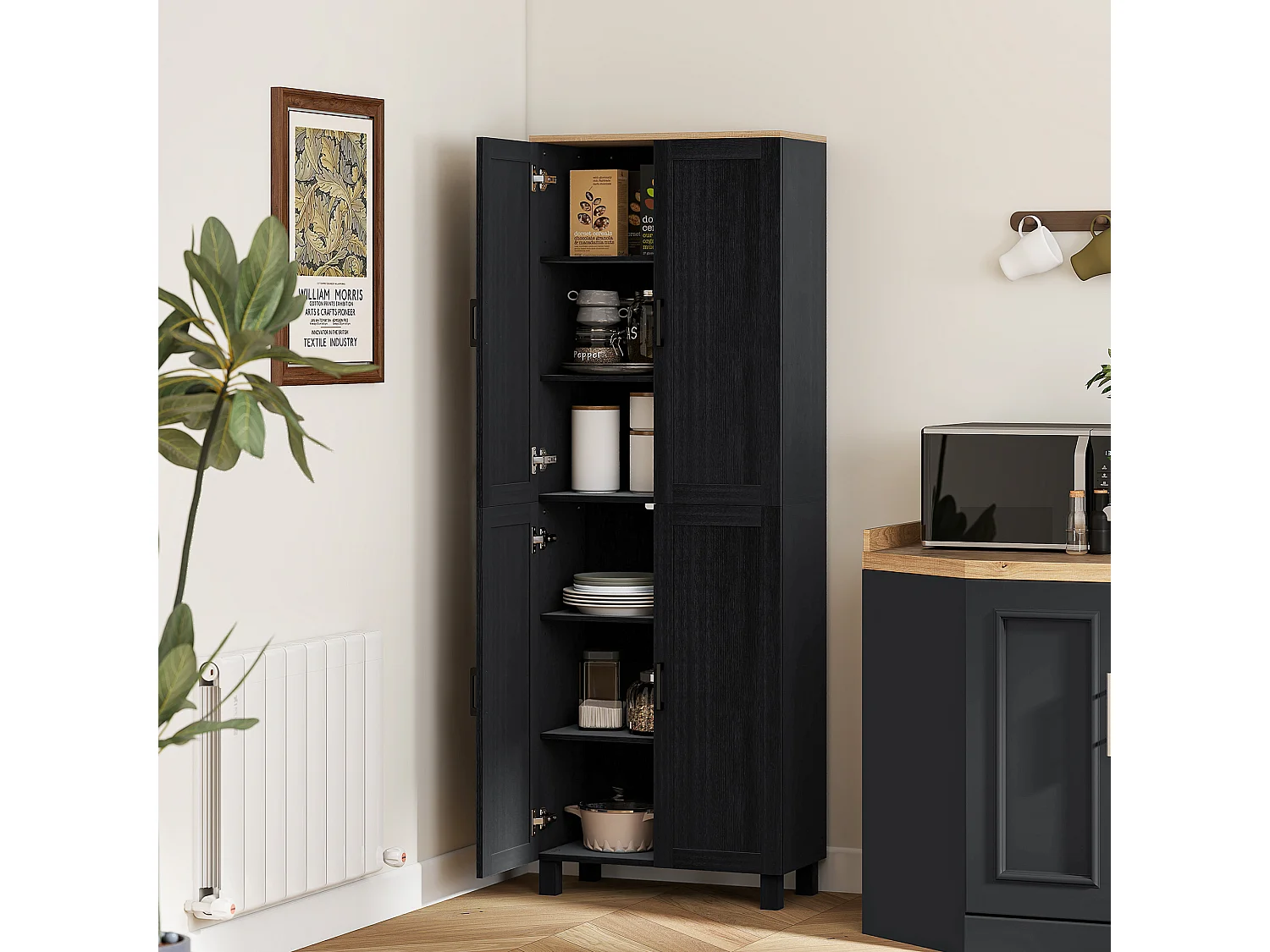 Mobile dispensa da cucina con 5 ripiani regolabili e 4 ante nero