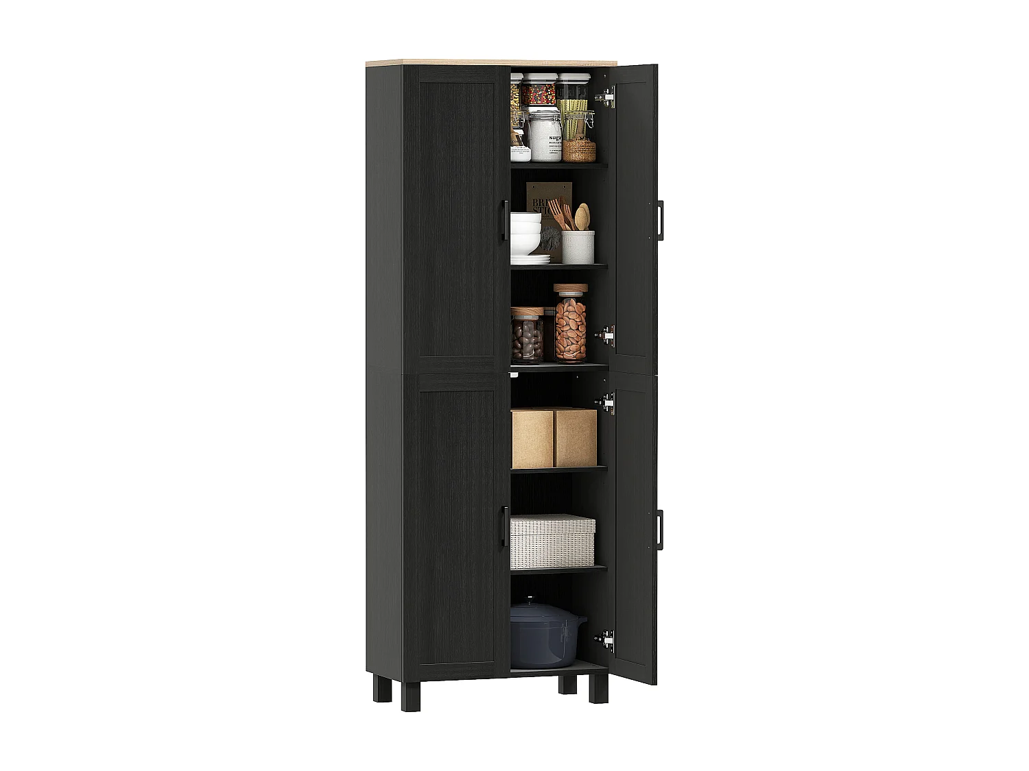 Mobile dispensa da cucina con 5 ripiani regolabili e 4 ante nero