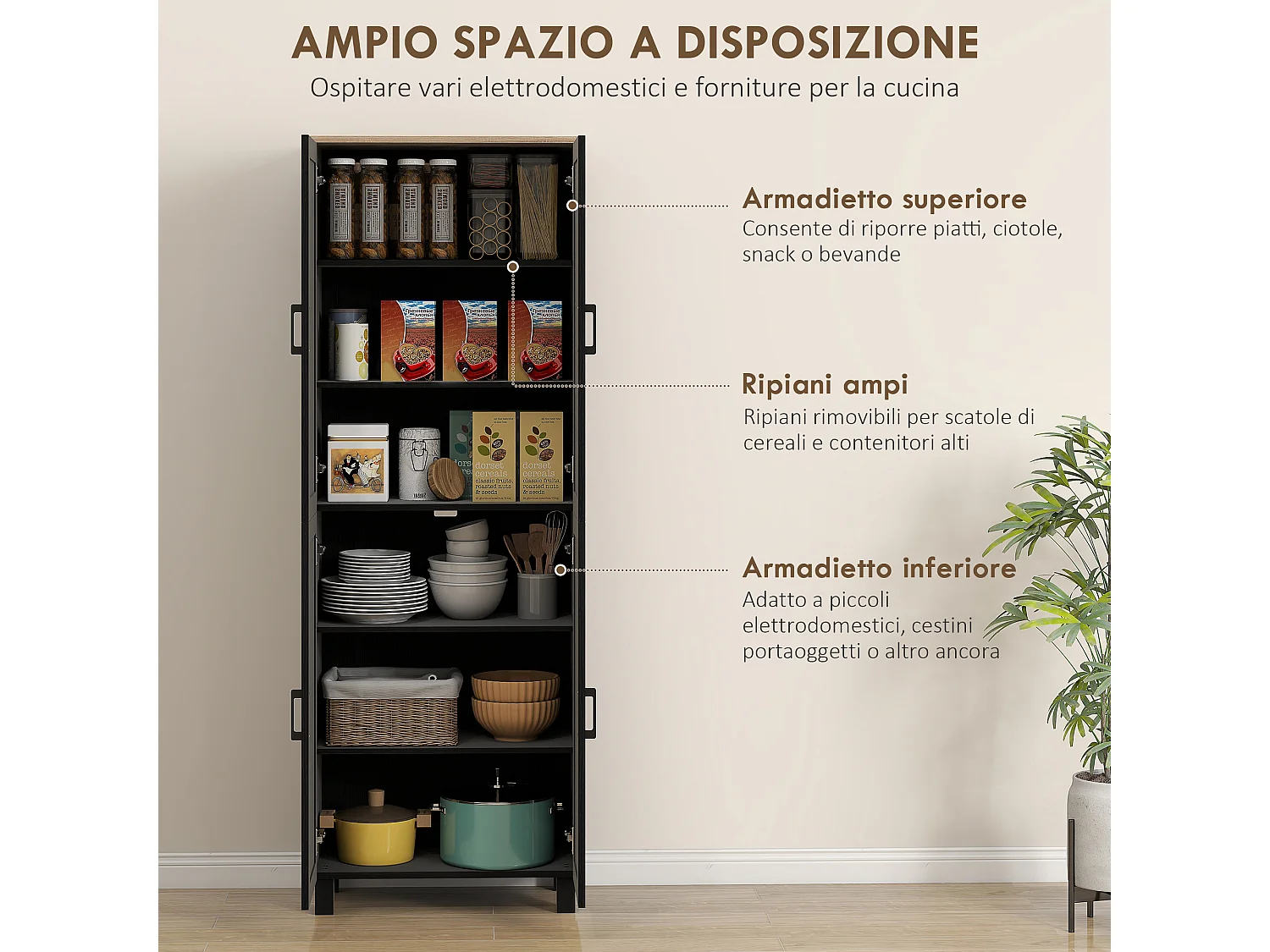 Mobile dispensa da cucina con 5 ripiani regolabili e 4 ante nero
