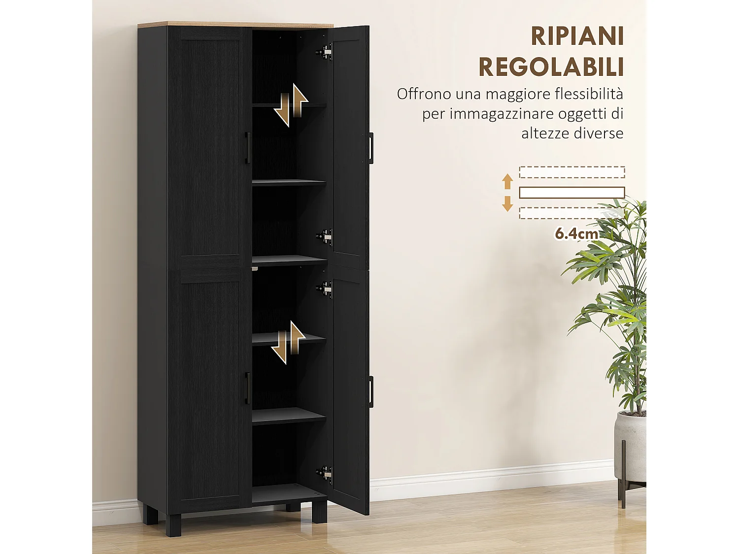 Mobile dispensa da cucina con 5 ripiani regolabili e 4 ante nero