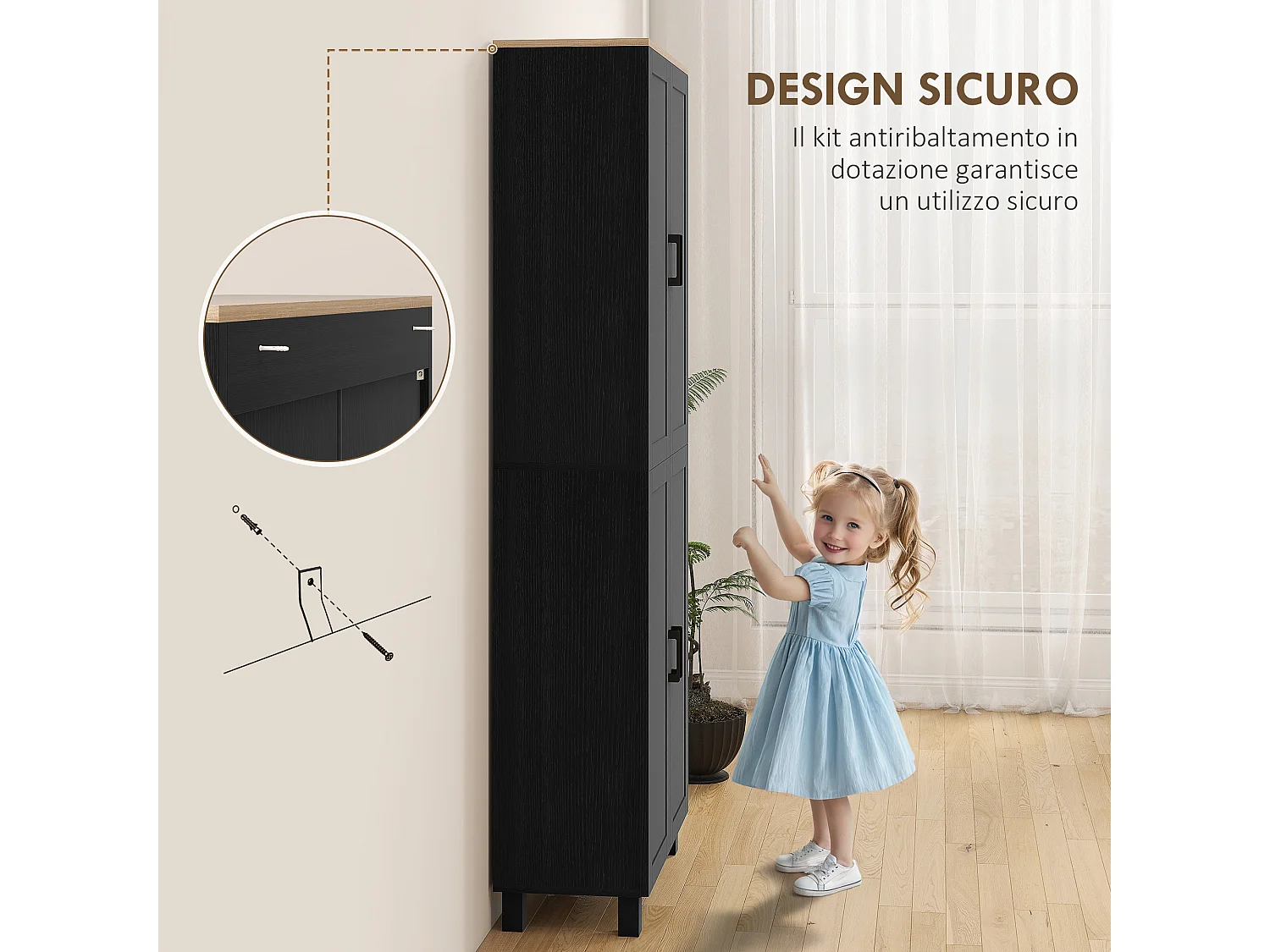 Mobile dispensa da cucina con 5 ripiani regolabili e 4 ante nero