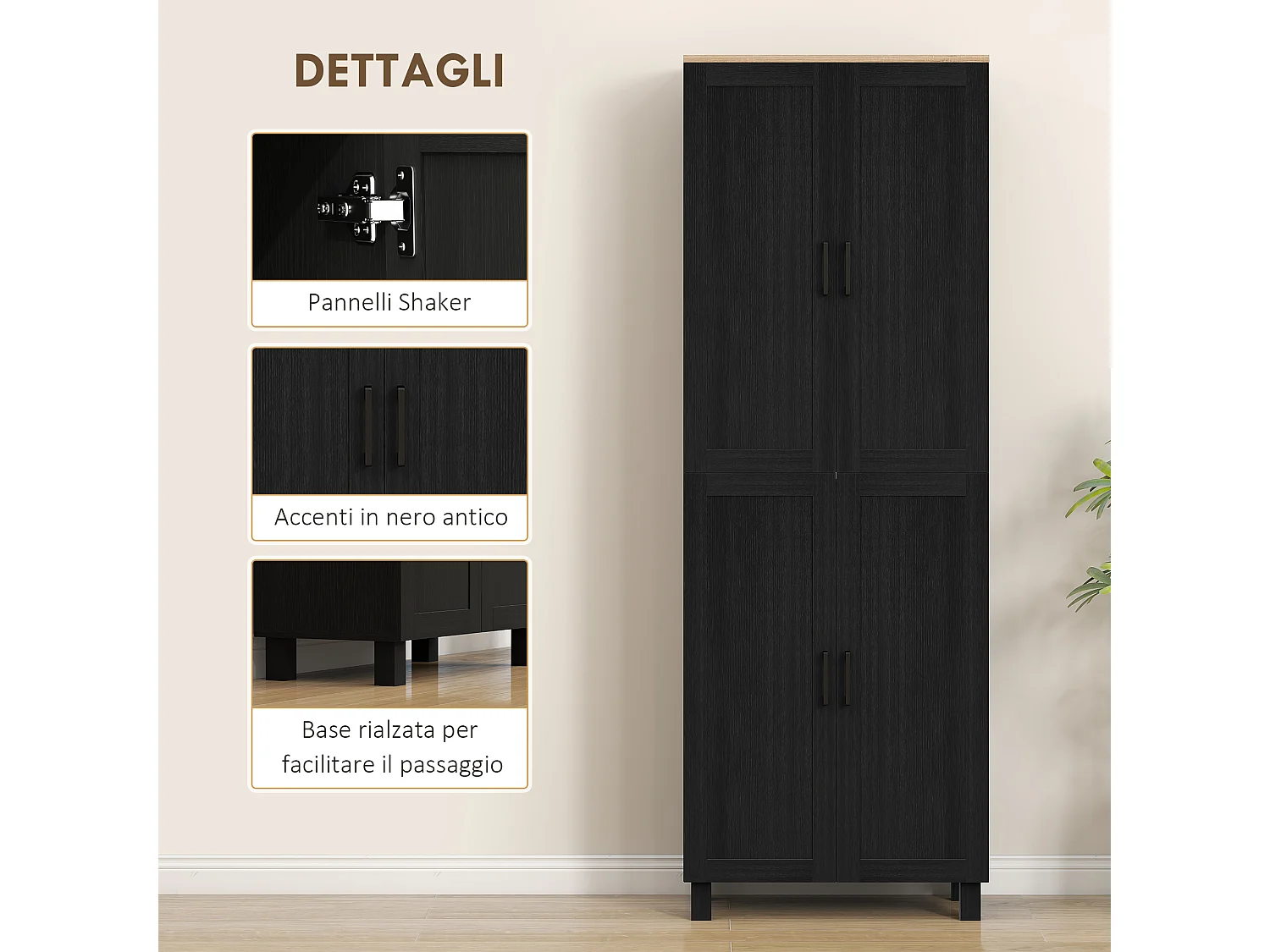 Mobile dispensa da cucina con 5 ripiani regolabili e 4 ante nero