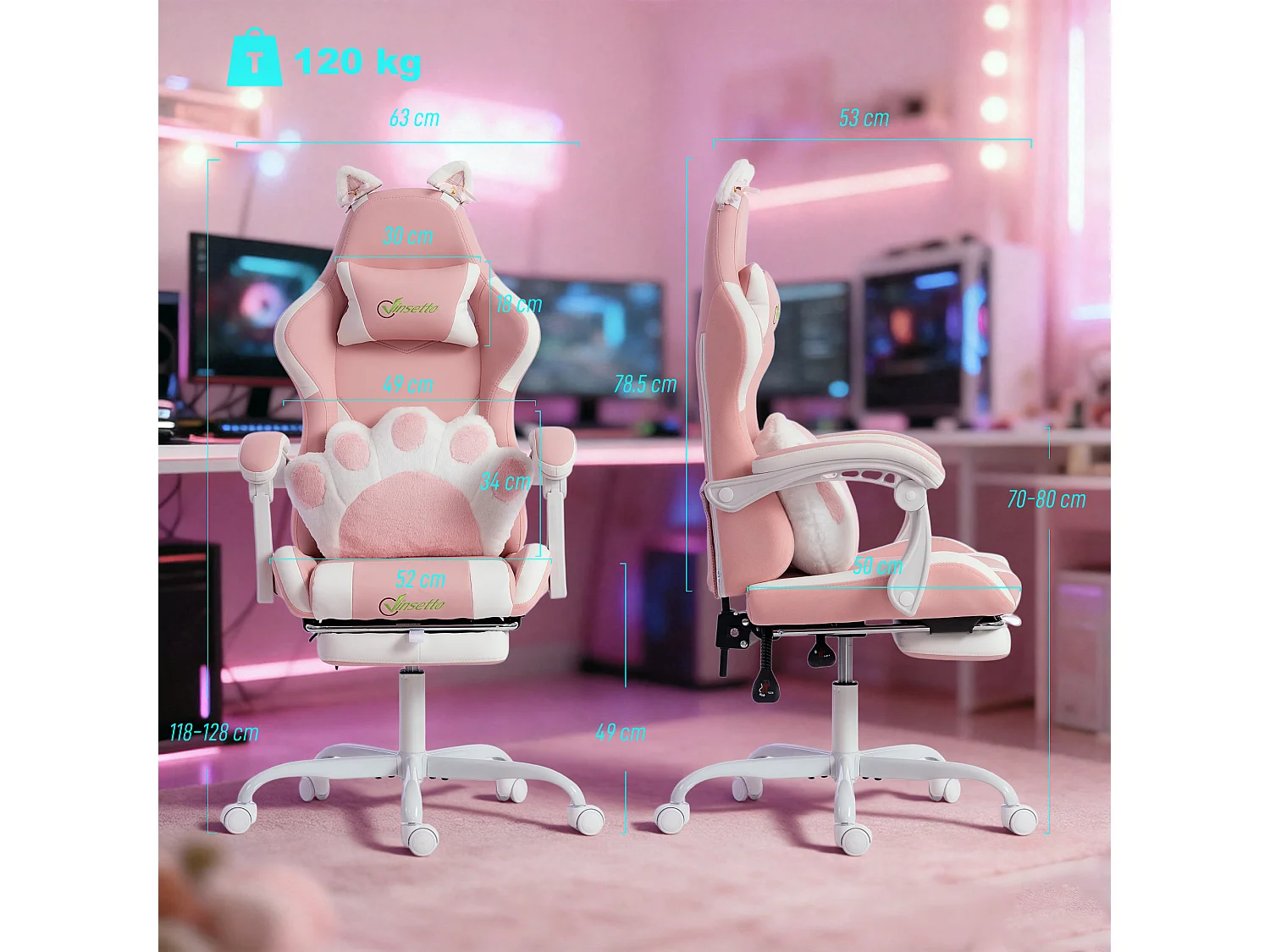 Sedia gaming ergonomica reclinabile in finta pelle rosa