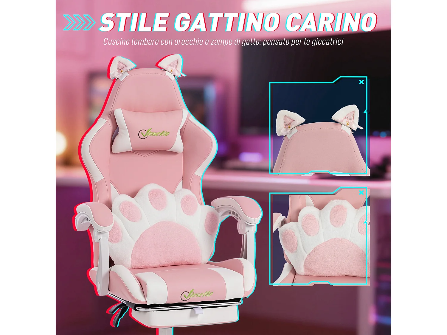 Sedia gaming ergonomica reclinabile in finta pelle rosa