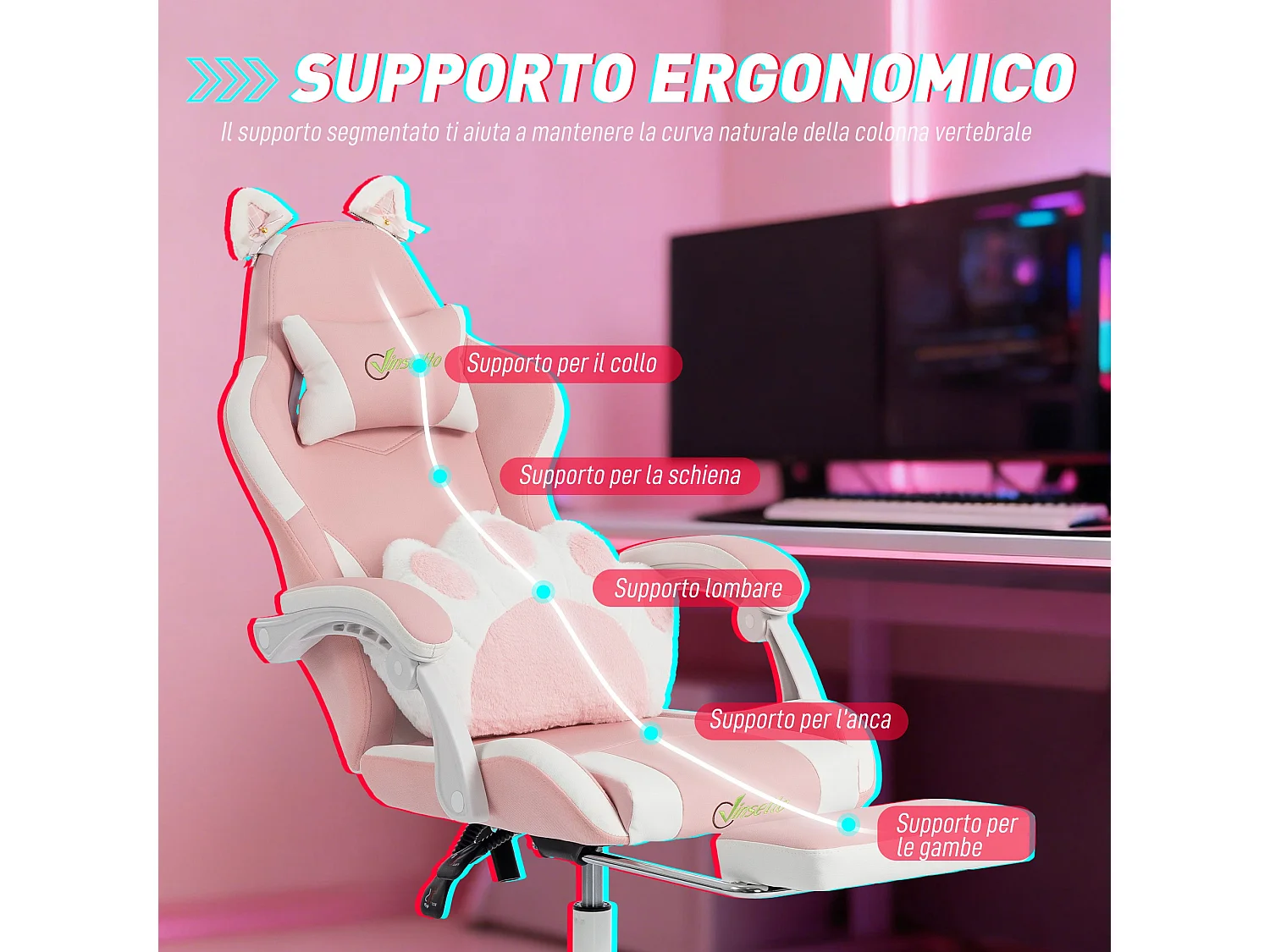 Sedia gaming ergonomica reclinabile in finta pelle rosa