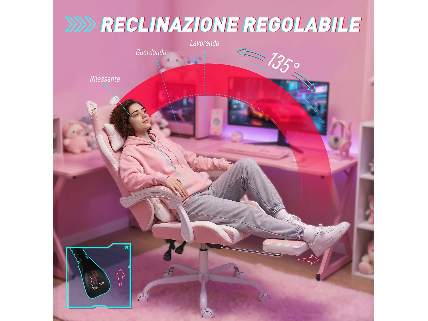 Sedia gaming ergonomica reclinabile in finta pelle rosa