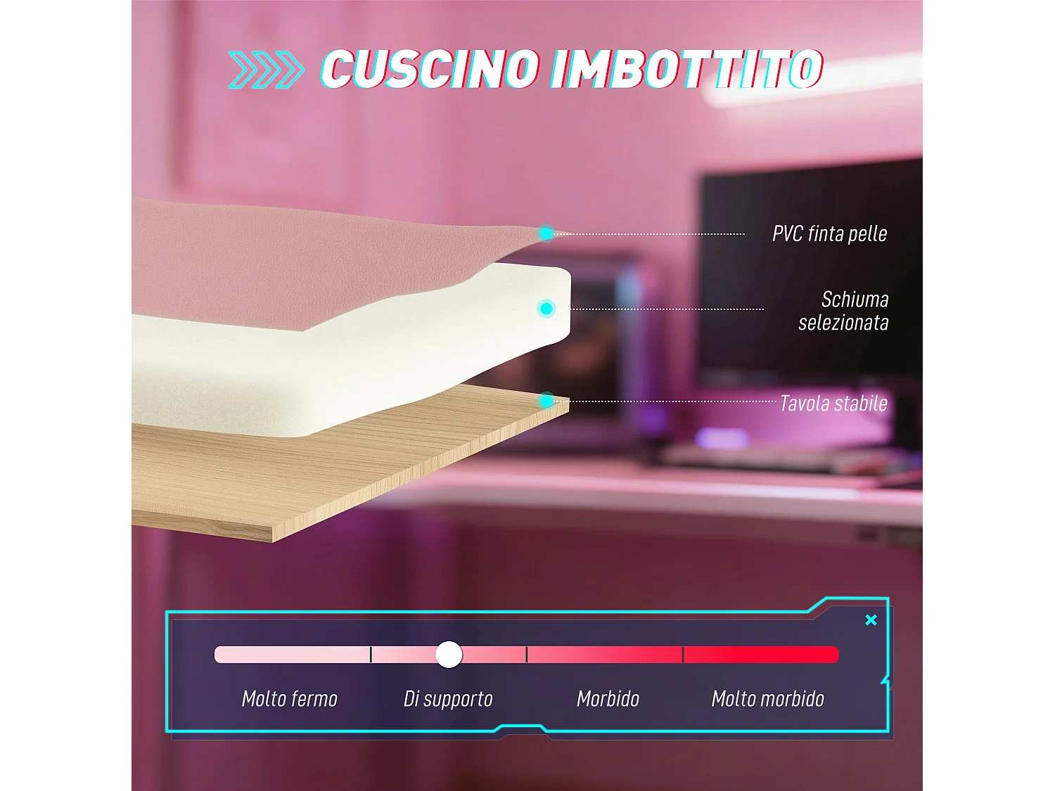 Sedia gaming ergonomica reclinabile in finta pelle rosa