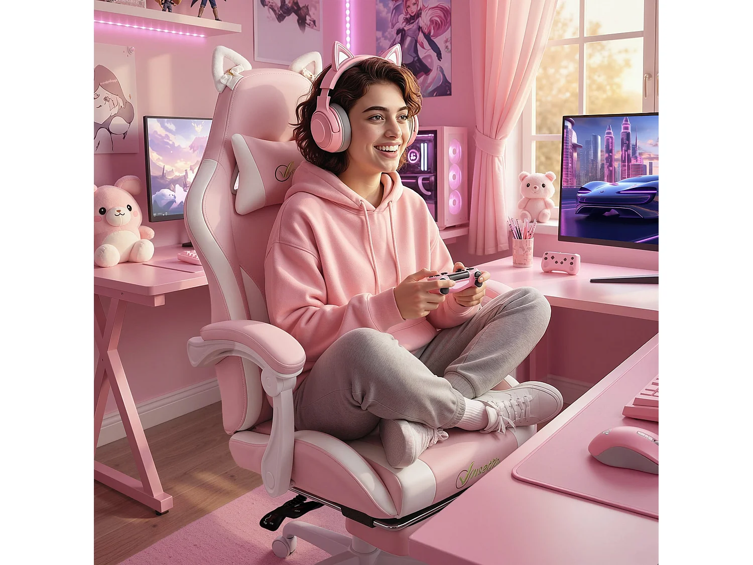 Sedia gaming ergonomica reclinabile in finta pelle rosa