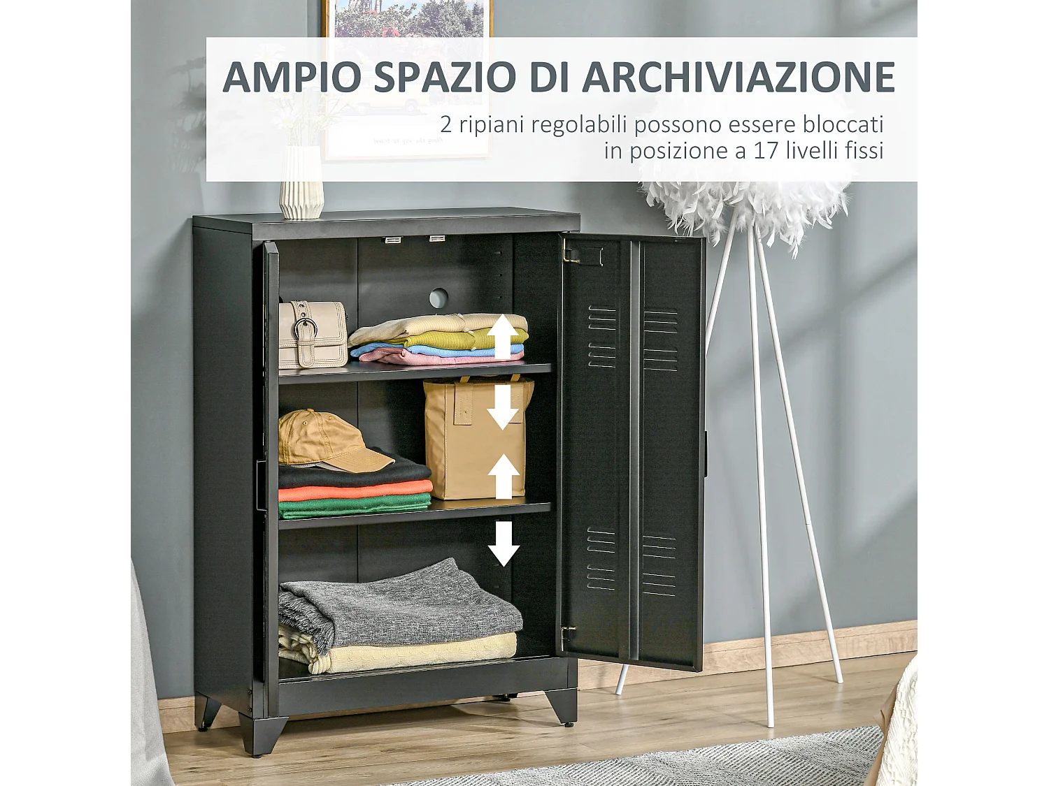 Mobiletto multiuso a 2 ante industriale in metallo 75x33x110 cm nero