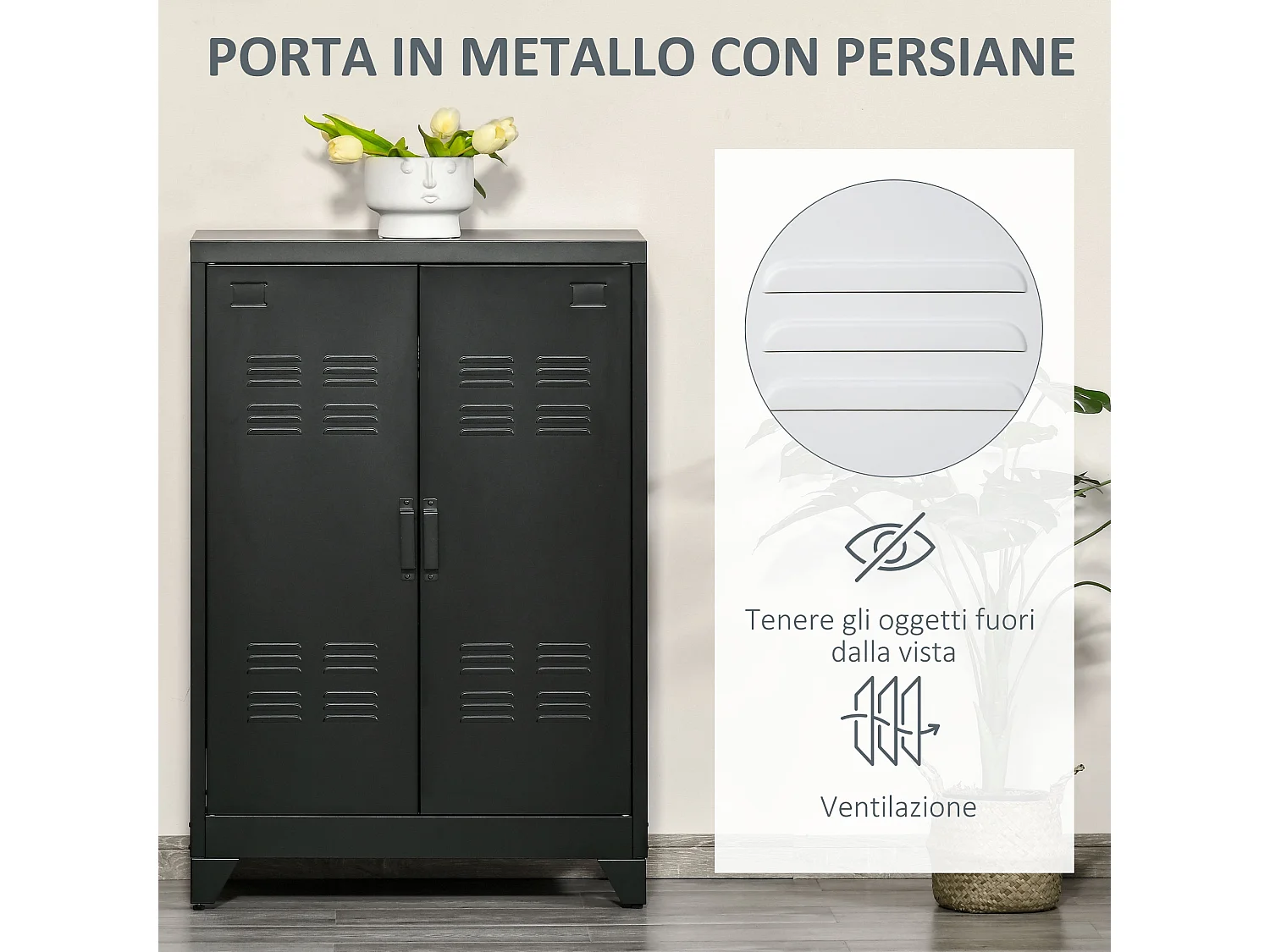 Mobiletto multiuso a 2 ante industriale in metallo 75x33x110 cm nero