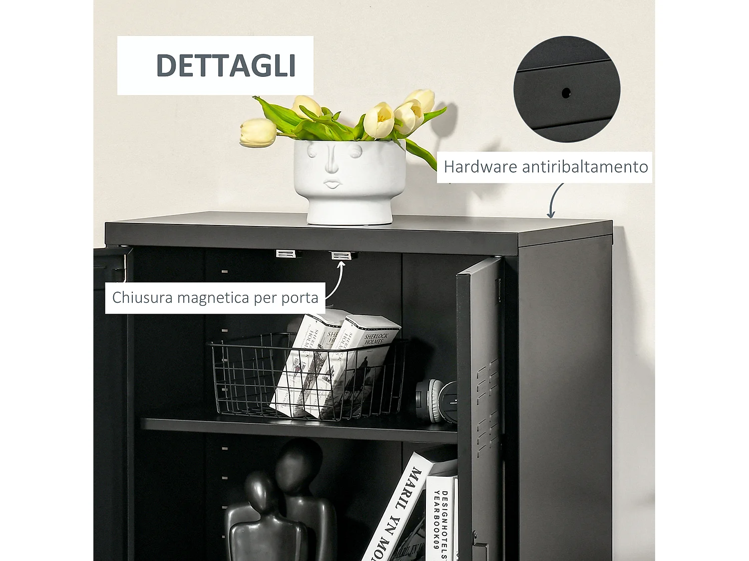 Mobiletto multiuso a 2 ante industriale in metallo 75x33x110 cm nero