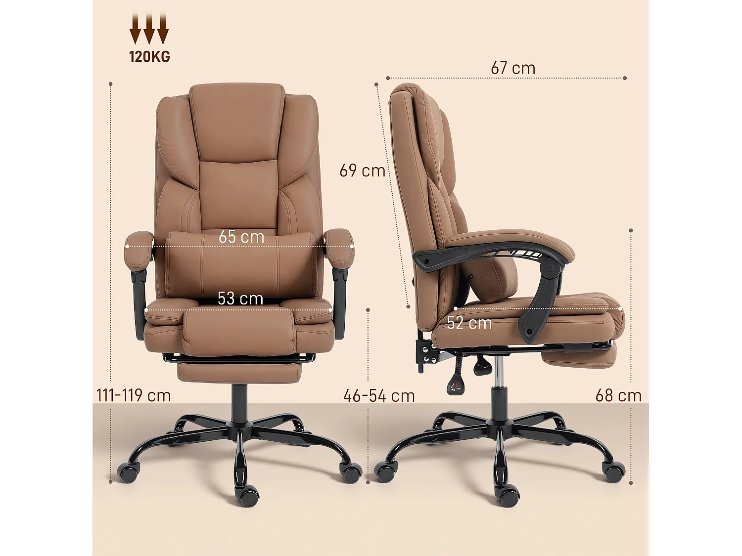 Sedia da ufficio reclinabile con poggiapiedi in finta pelle marrone