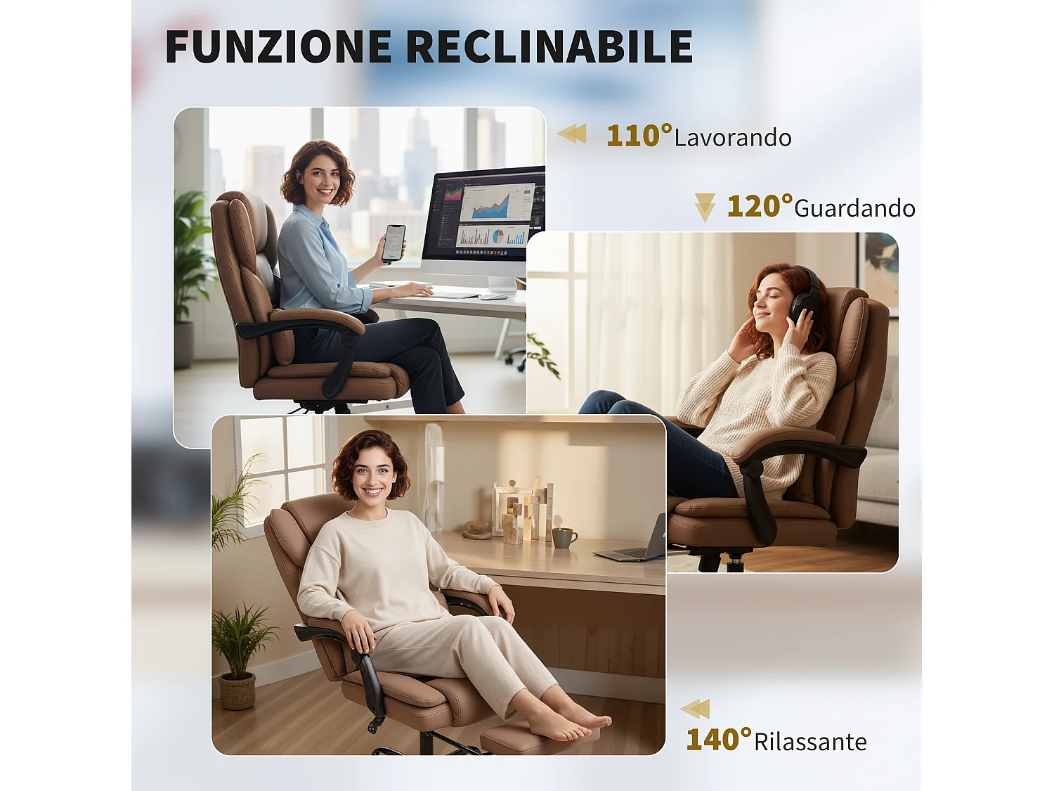 Sedia da ufficio reclinabile con poggiapiedi in finta pelle marrone