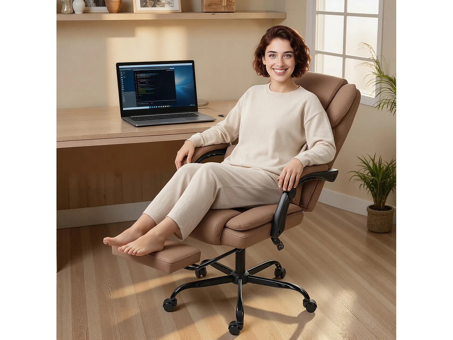 Sedia da ufficio reclinabile con poggiapiedi in finta pelle marrone