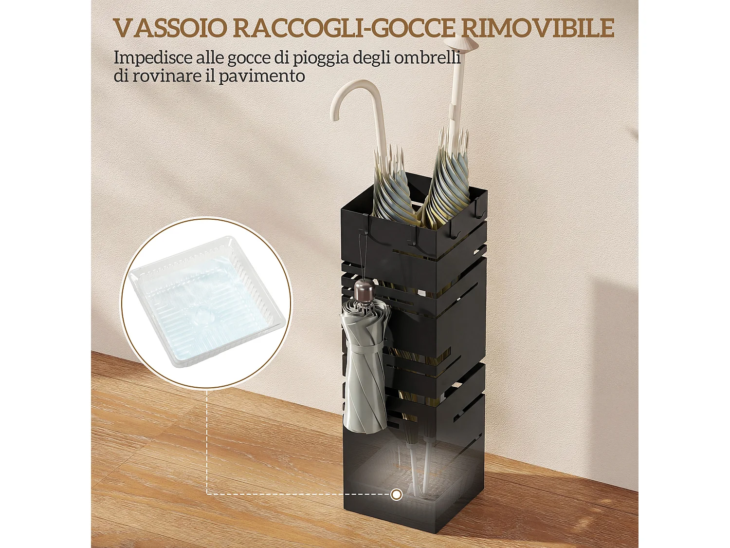 Portaombrelli quadrato per ingresso in metallo con vassoio nero