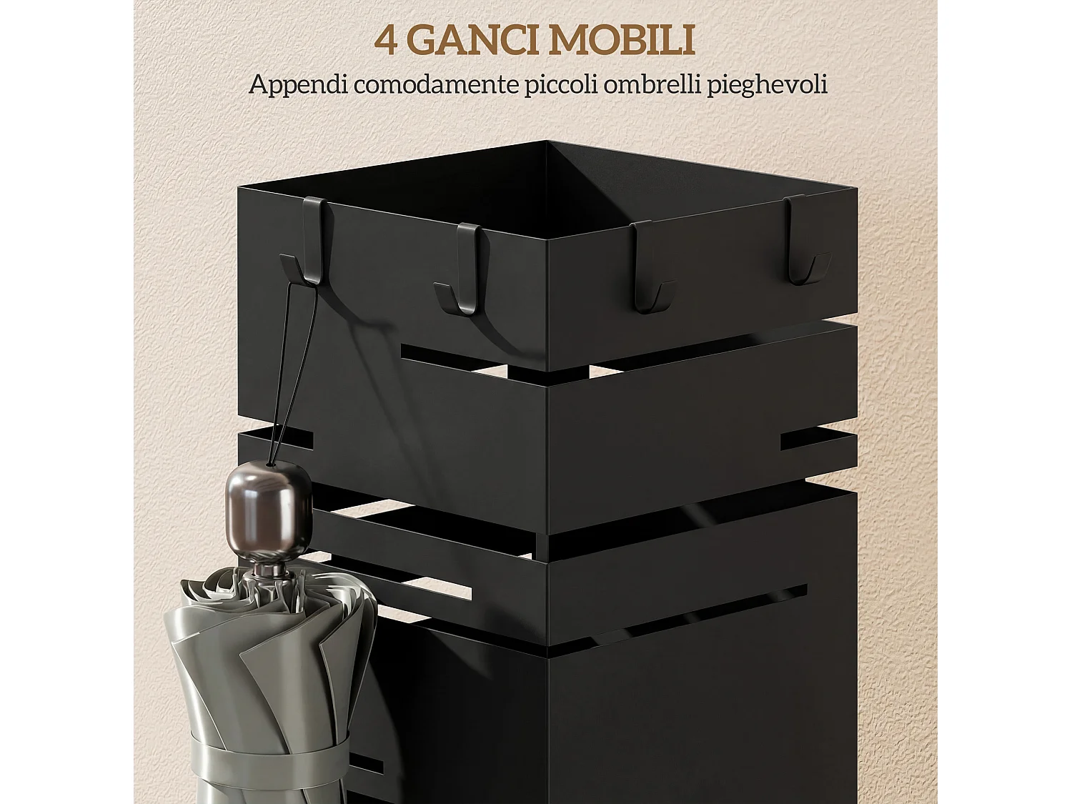 Portaombrelli quadrato per ingresso in metallo con vassoio nero