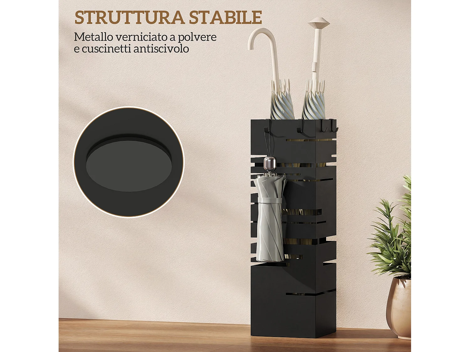 Portaombrelli quadrato per ingresso in metallo con vassoio nero