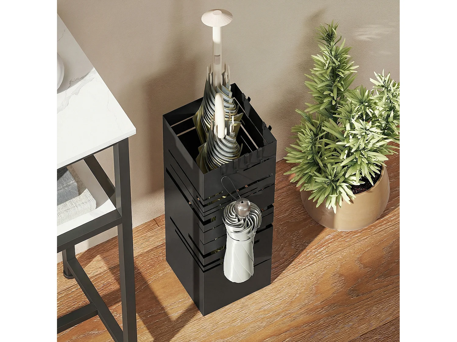 Portaombrelli quadrato per ingresso in metallo con vassoio nero