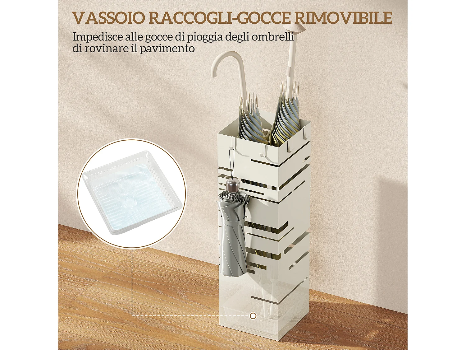 Portaombrelli quadrato autoportante con vassoio in metallo beige