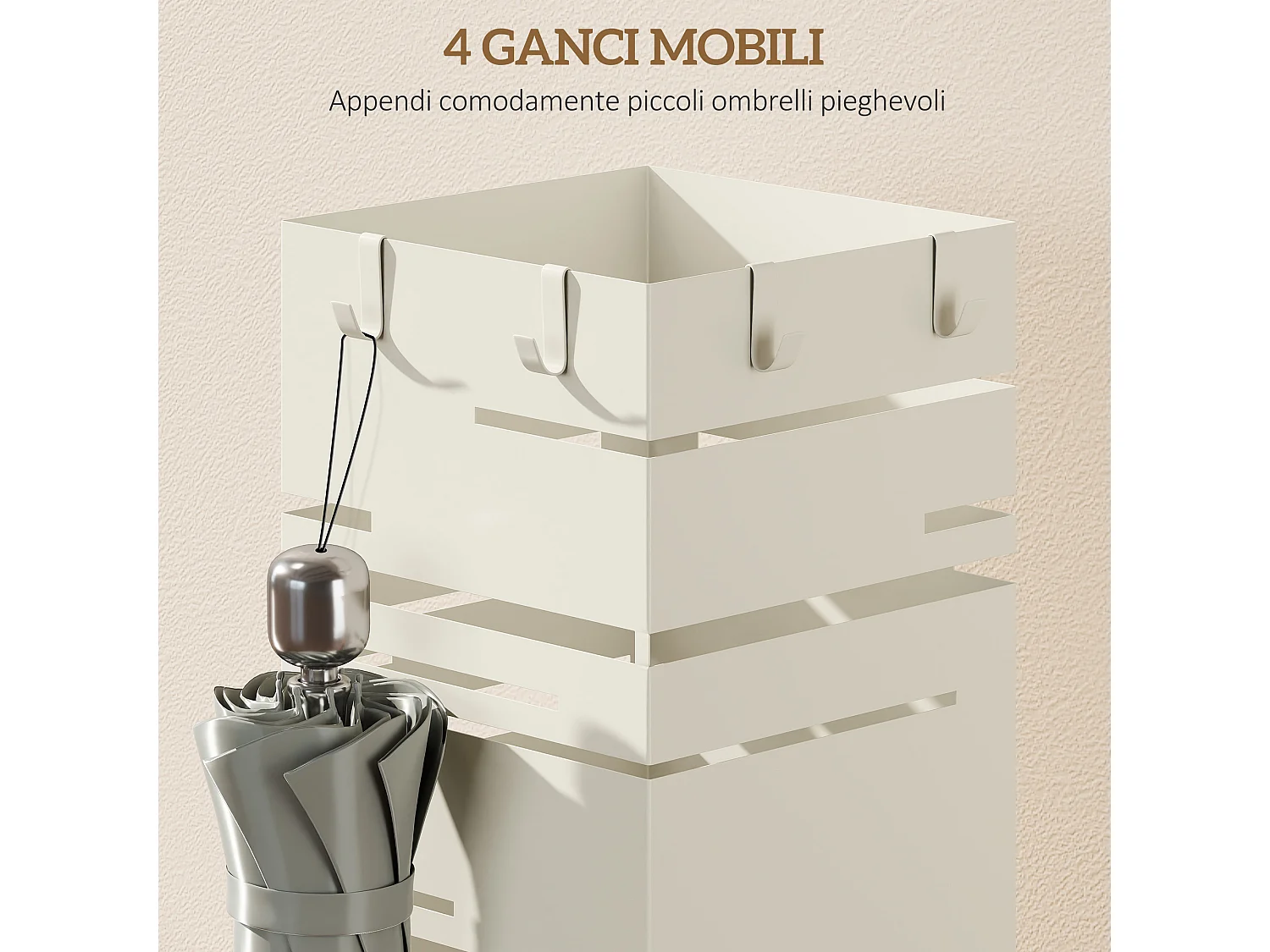 Portaombrelli quadrato autoportante con vassoio in metallo beige