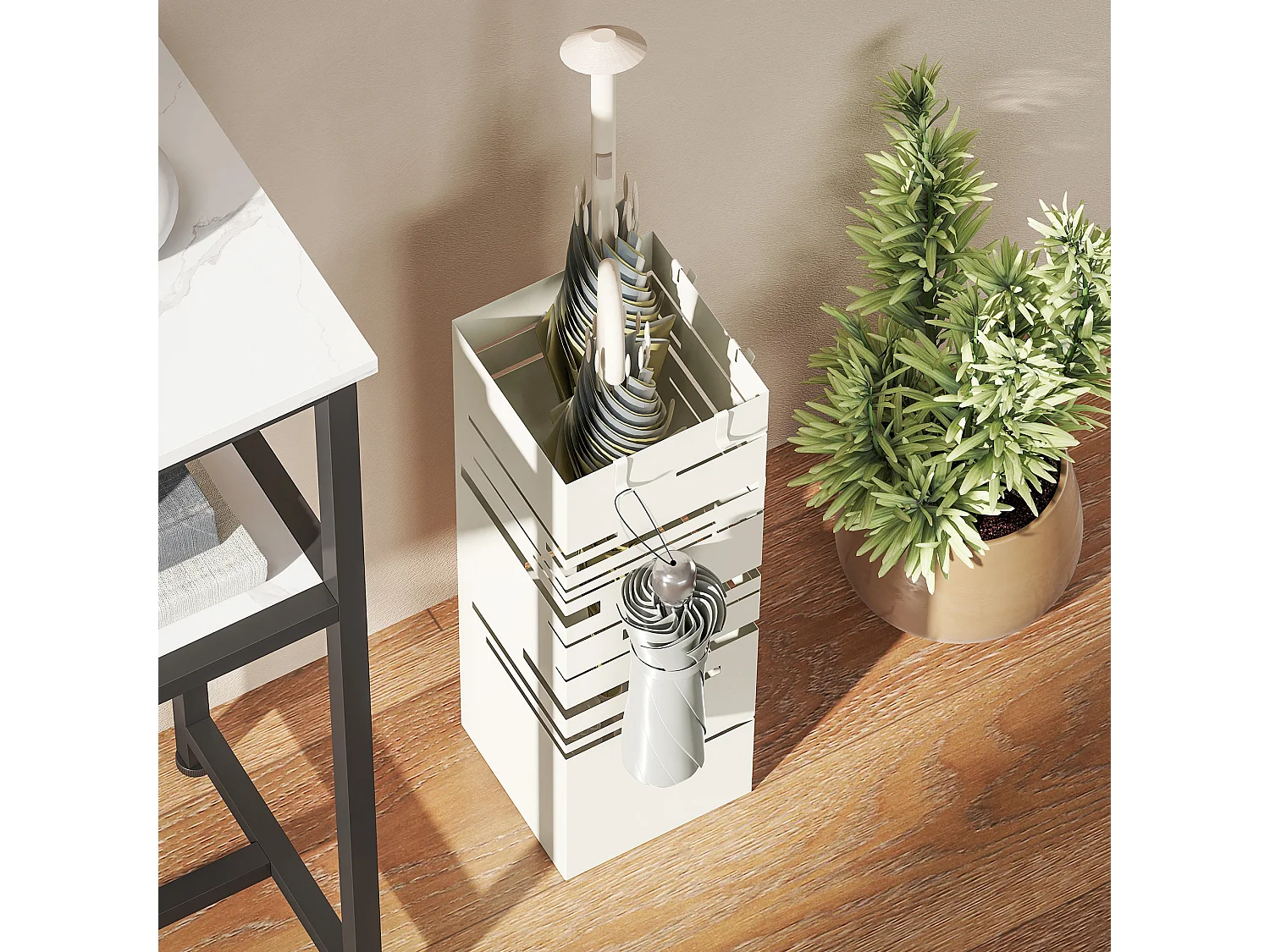 Portaombrelli quadrato autoportante con vassoio in metallo beige