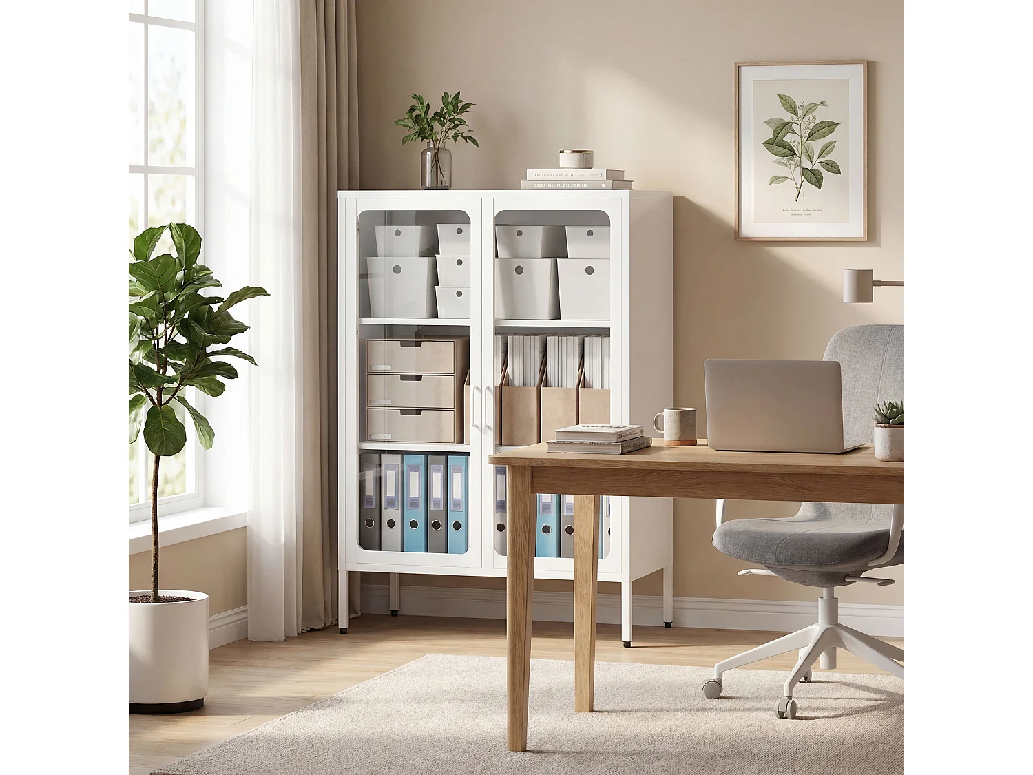 Armadietto portadocumenti con 2 ante in vetro e acciaio bianco