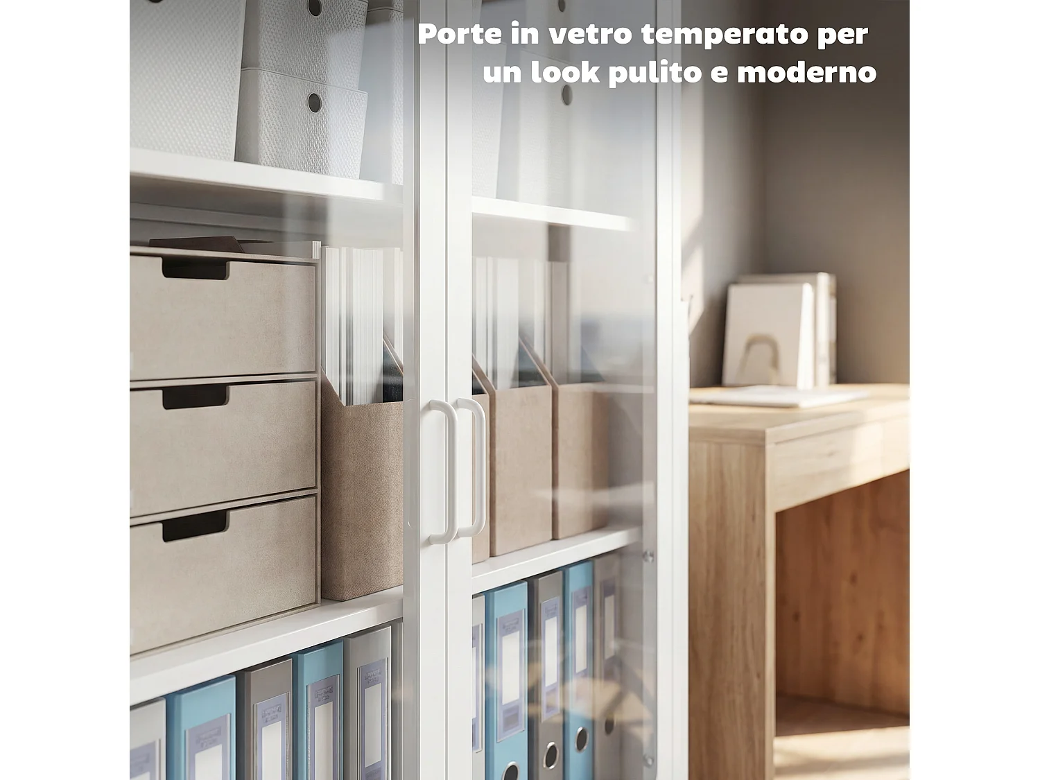 Armadietto portadocumenti con 2 ante in vetro e acciaio bianco