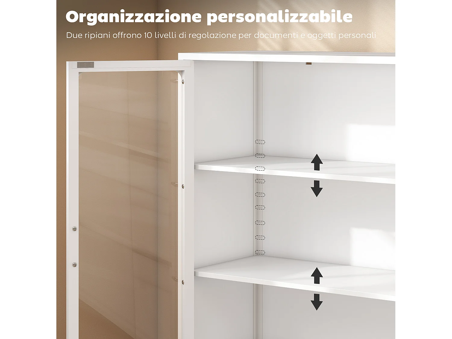 Armadietto portadocumenti con 2 ante in vetro e acciaio bianco