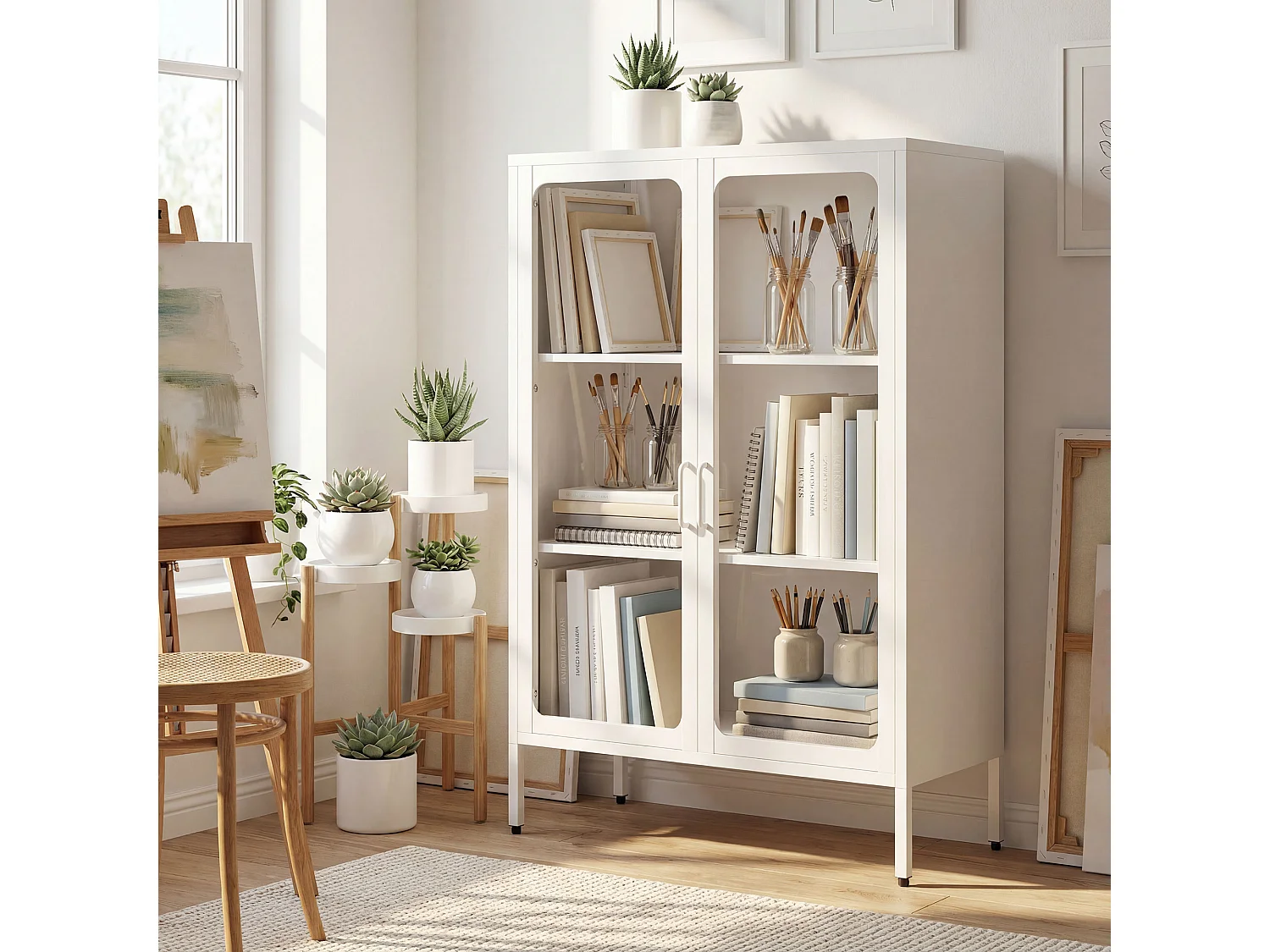 Armadietto portadocumenti con 2 ante in vetro e acciaio bianco